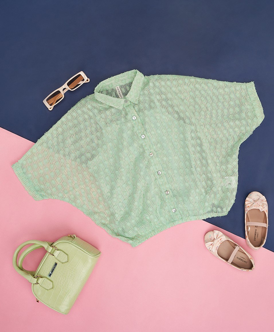 Pantaloons Junior Half Sleeves Self Design Top - Mint Green-picture-19