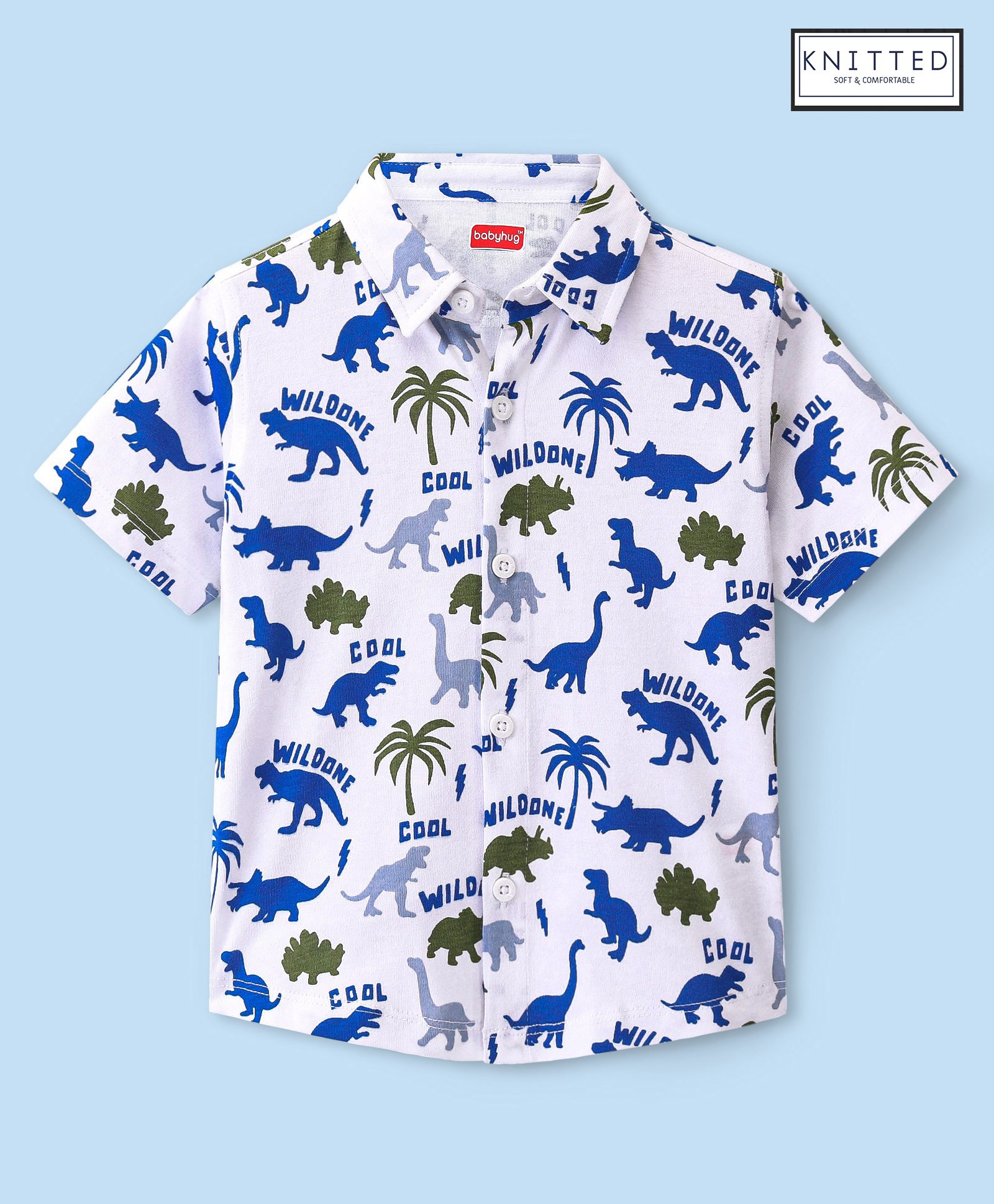 Babyhug Cotton Knit Half Sleeves Dino Printed Regular Shirt - White-image-3