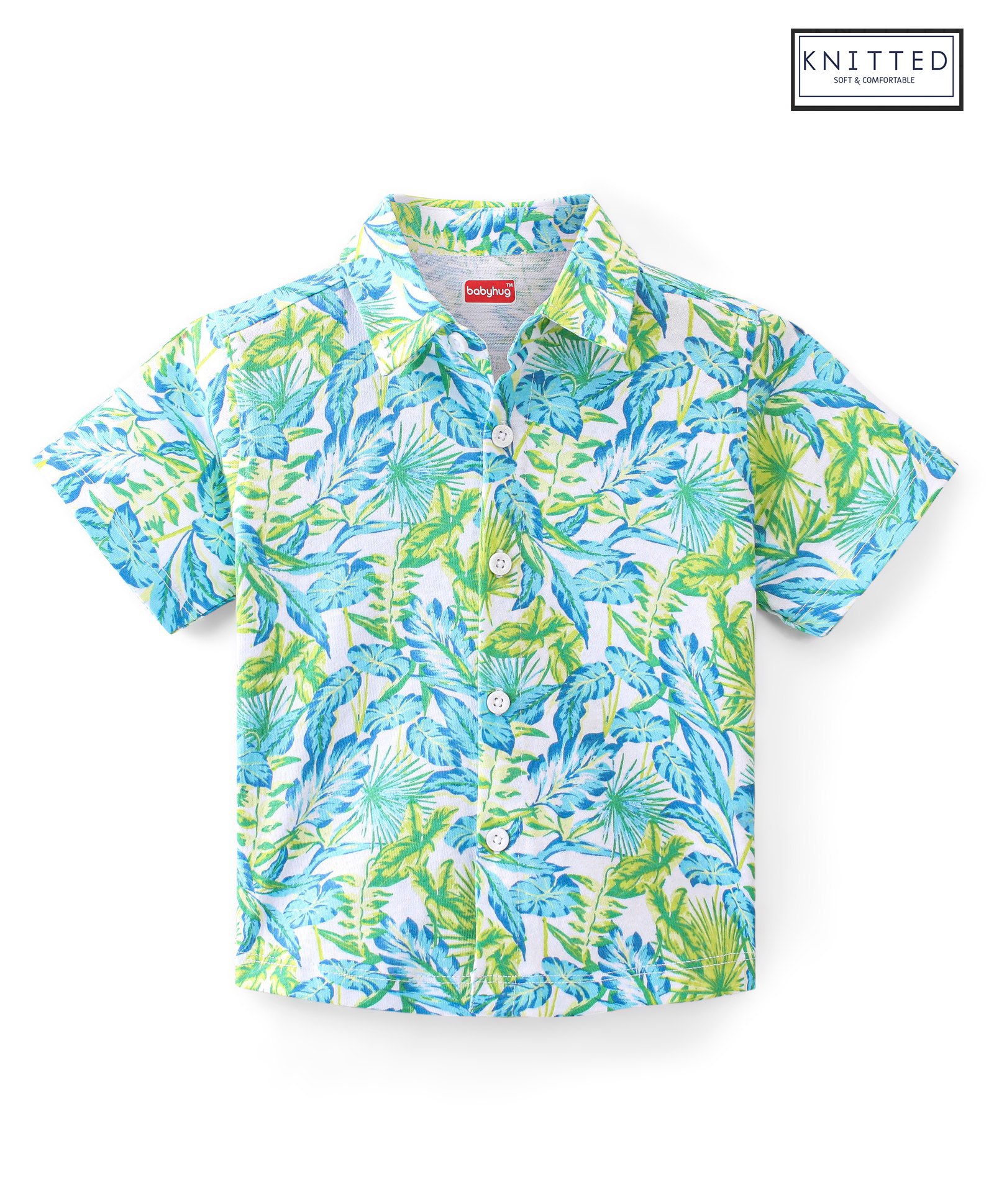 Babyhug 100% Cotton Knit Half Sleeve Shirt With Tropical Print - Blue & Green-picture-19