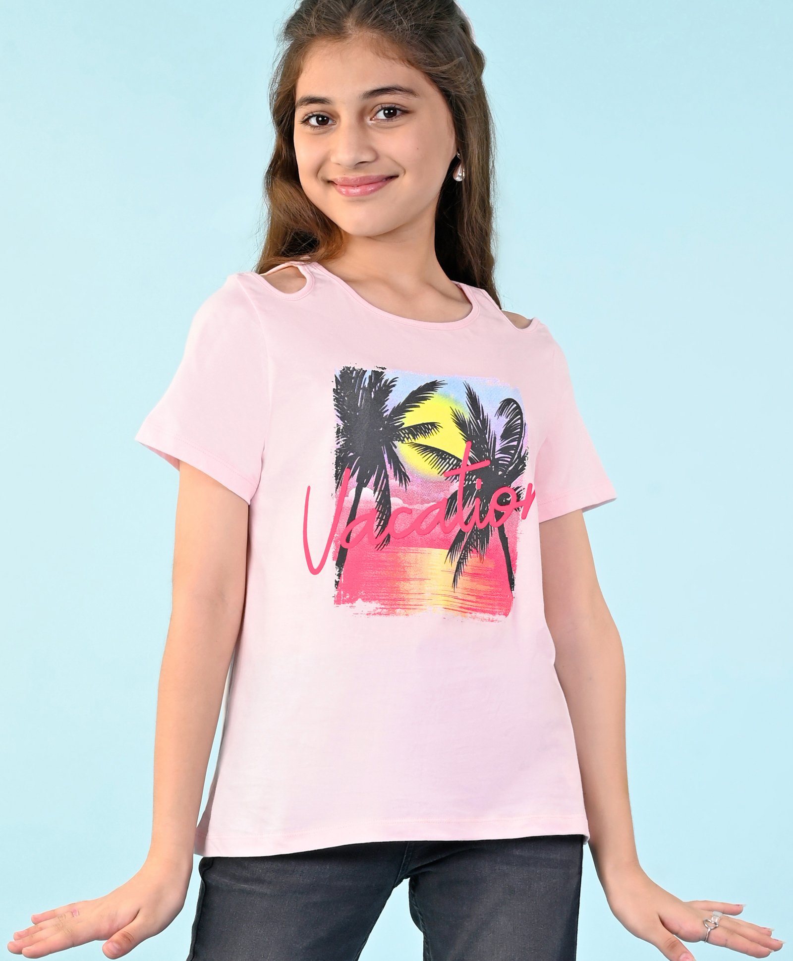 Pine Kids 100% Cotton Knit Half Sleeves Top Beach Theme- Pink-image-9