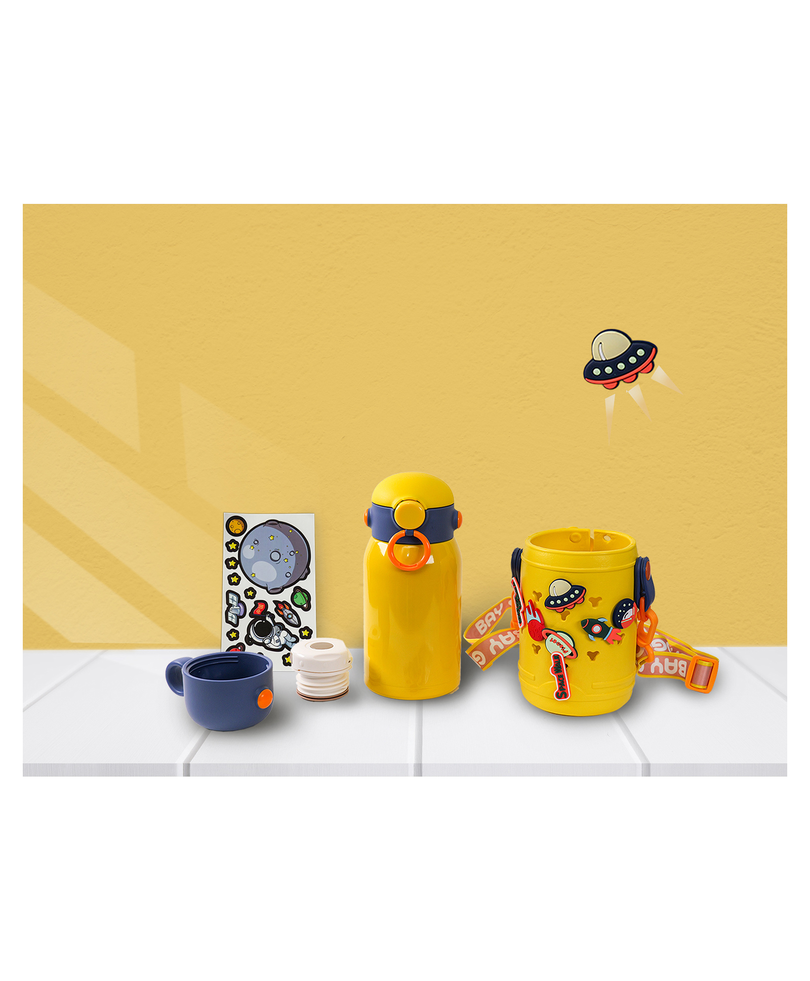 Yellow Bee Stainless Steel Space Theme Flask with DIY Motifs and Stickers Yellow - 500 ml-picture-3