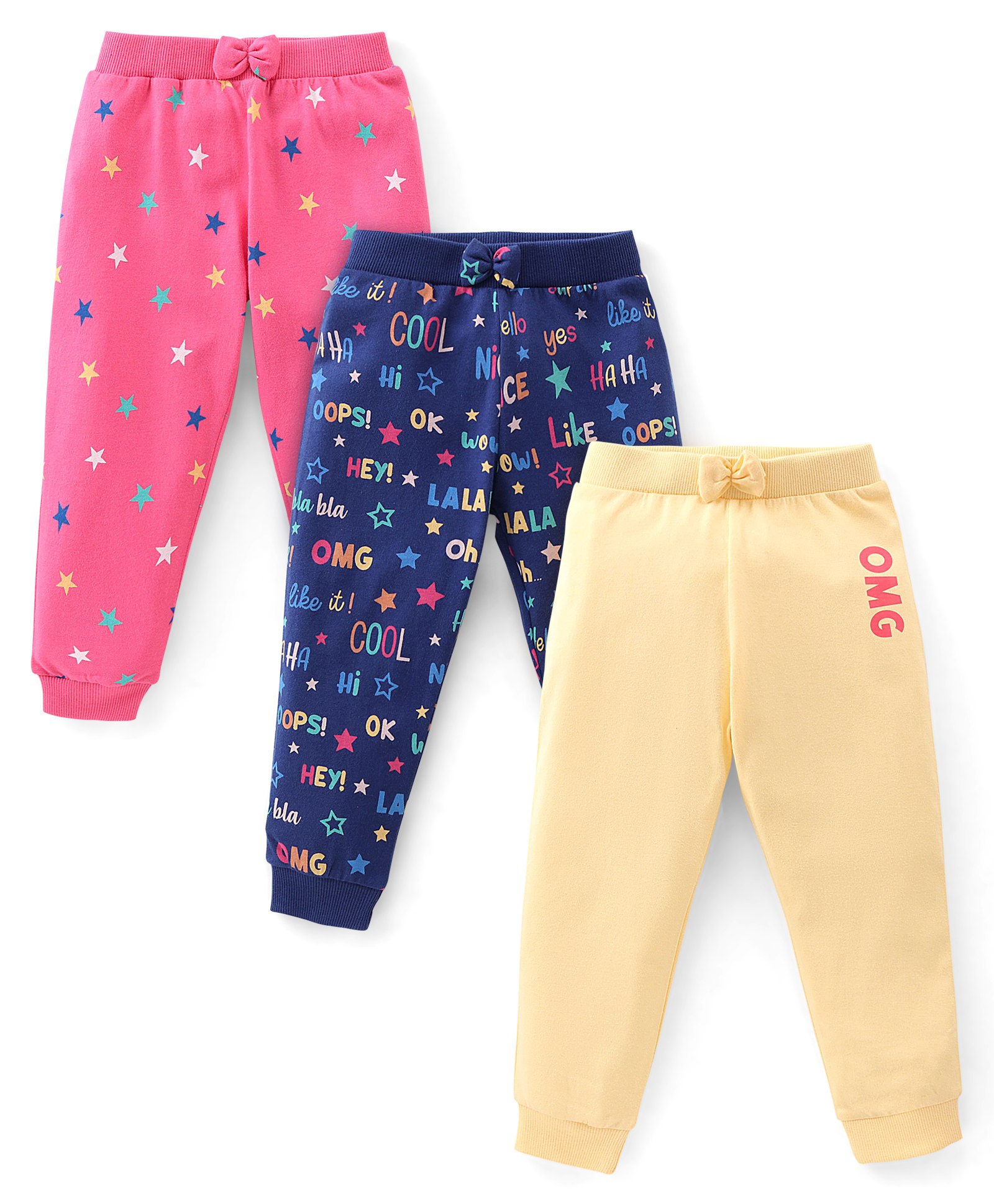 Babyhug Cotton Full Length Lounge Pant Stars & Text Print Pack of 3- Blue Pink & Yellow-image-7