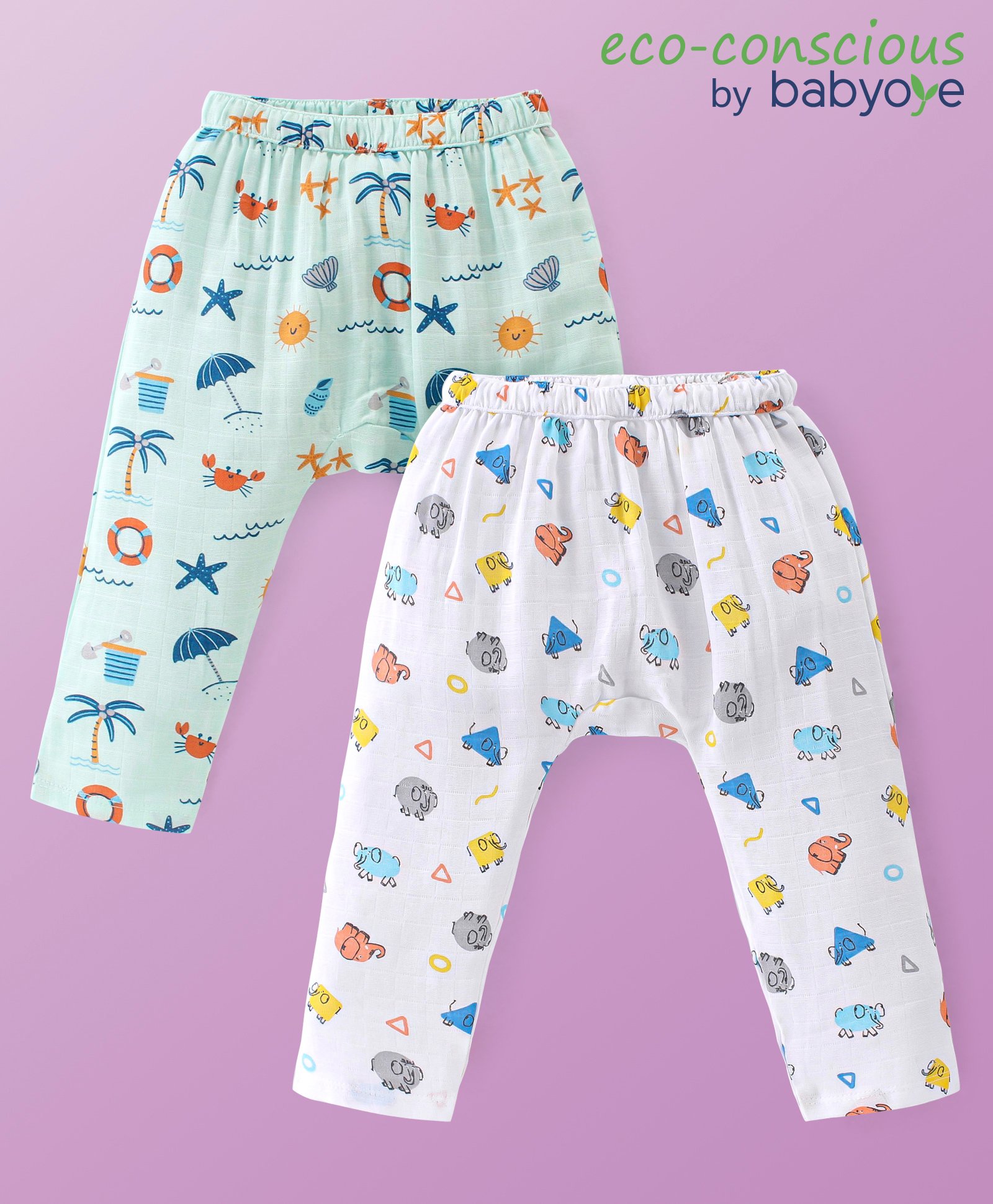 Babyoye 100% Organic Cotton Full Length Elephant Printed Diaper Leggings Pack Of 2 - White & Blue-image-27