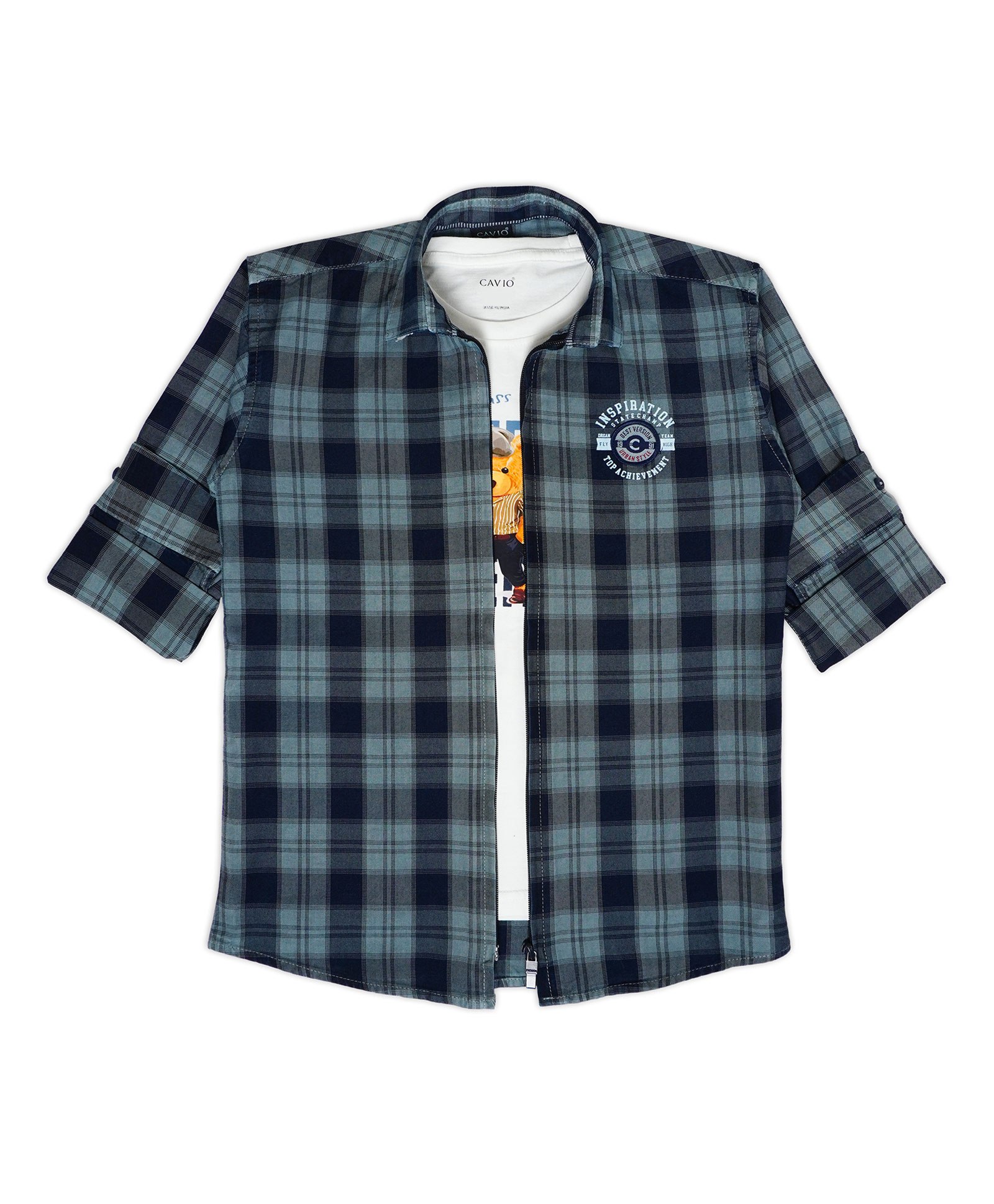 CAVIO Full Sleeves Tartan Checked Shirt With Tee - Grey-image-5