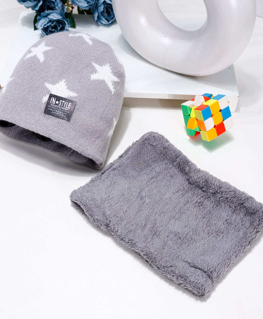 PASSION PETALS Star Designed Winter Warm Unisex Cap With Scarf - Grey-image-13