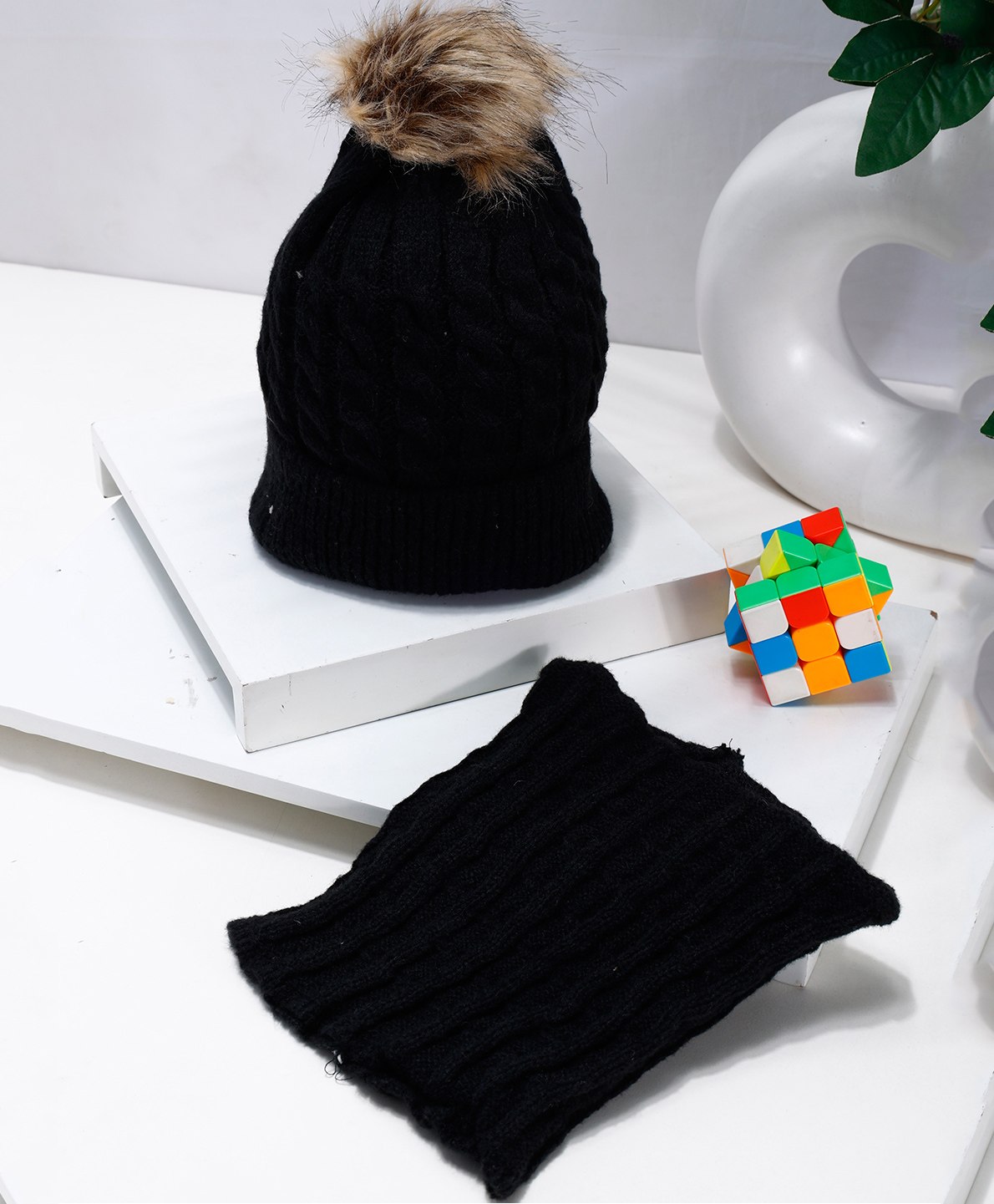 PASSION PETALS Braided Self Design Winter Warm Unisex Cap With Scarf - Black-image-4