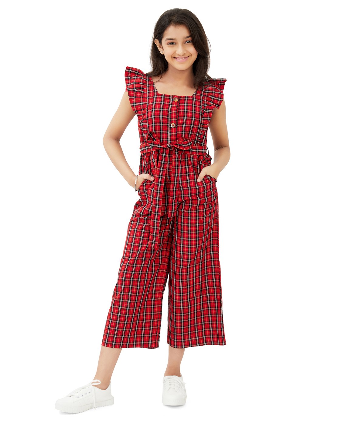 Olele Cap Frill Sleeves Tartan Window Pane Checked Yarn Dyed Cotton Jumpsuit - Red-picture-46