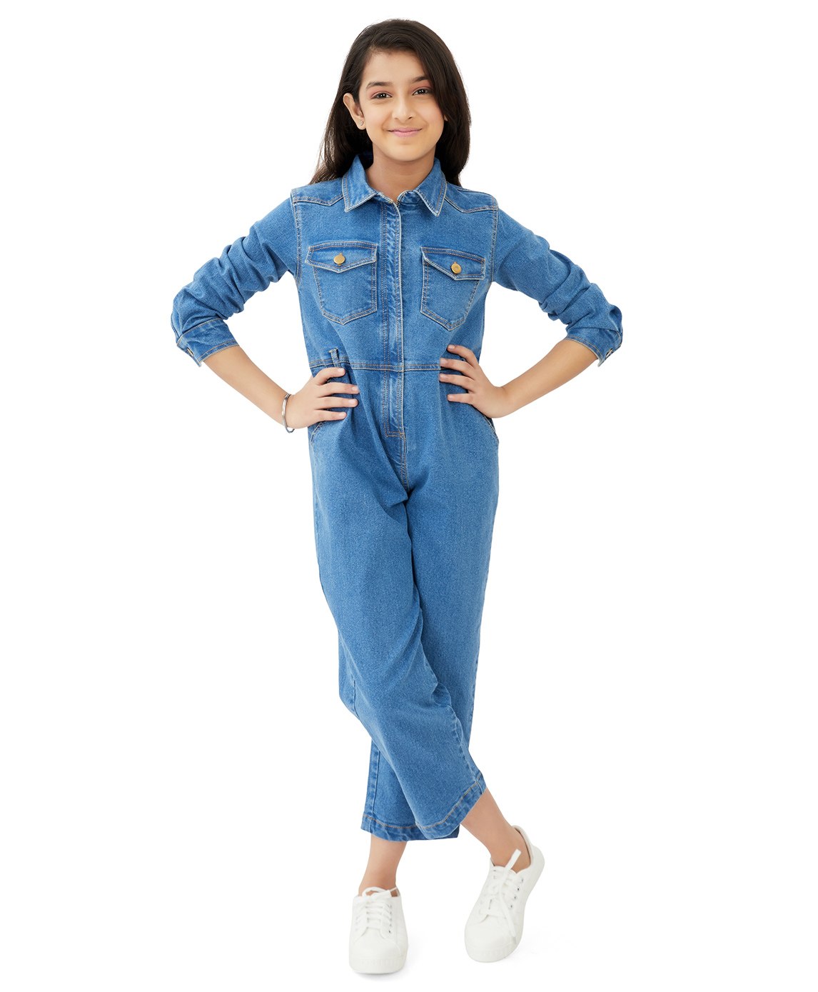 Olele Three Fourth Sleeves Solid Pocket Detailed Denim Jumpsuit - Blue-image-24