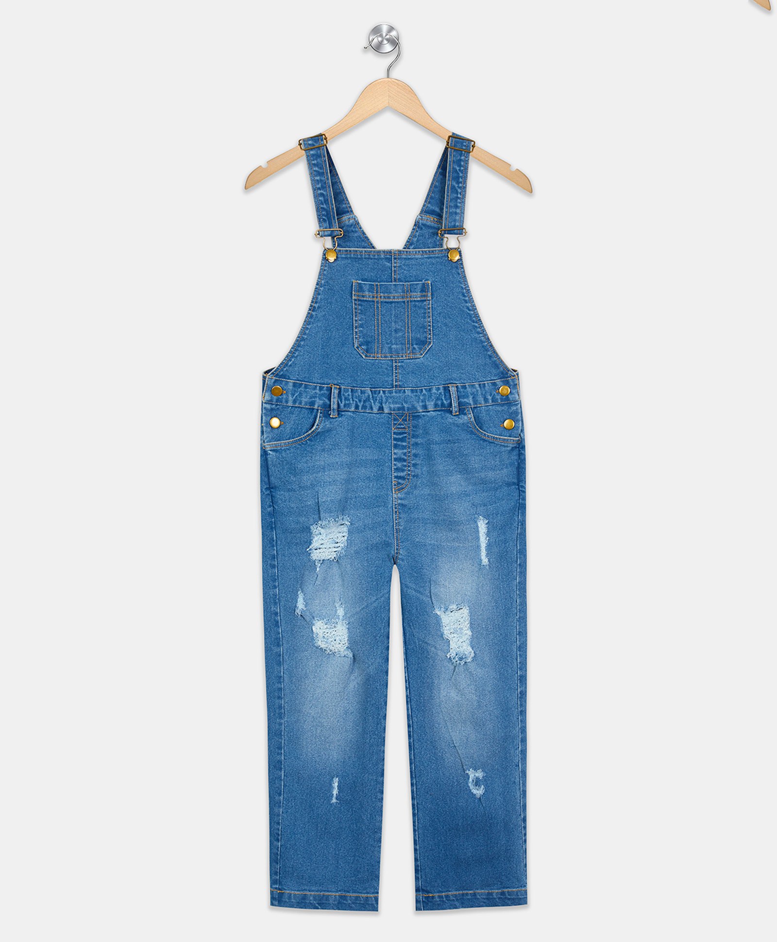 Olele Sleeveless Mild Distressed Denim Dungaree - Blue-image-12