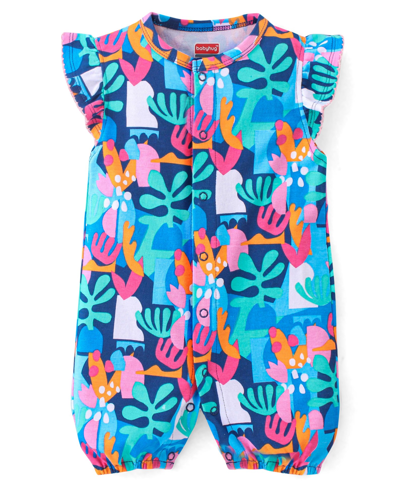 Babyhug 100% Cotton Knit Flutter Sleeves Romper With Coral Print - Blue-image-42