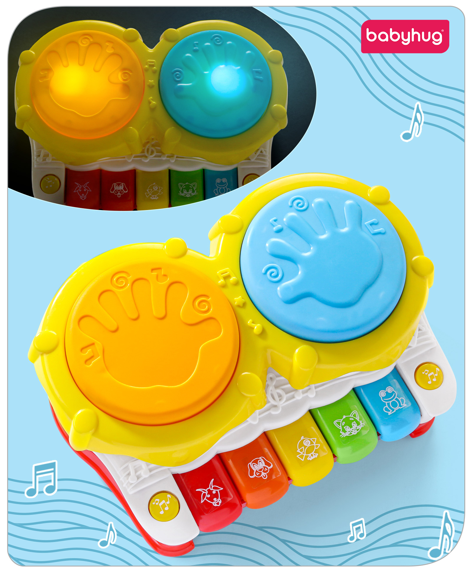 Babyhug 2 In 1 Musical Drum Piano With Lights Animal Sounds Songs Volume Control Early Educational Learning Toy - Multicolour