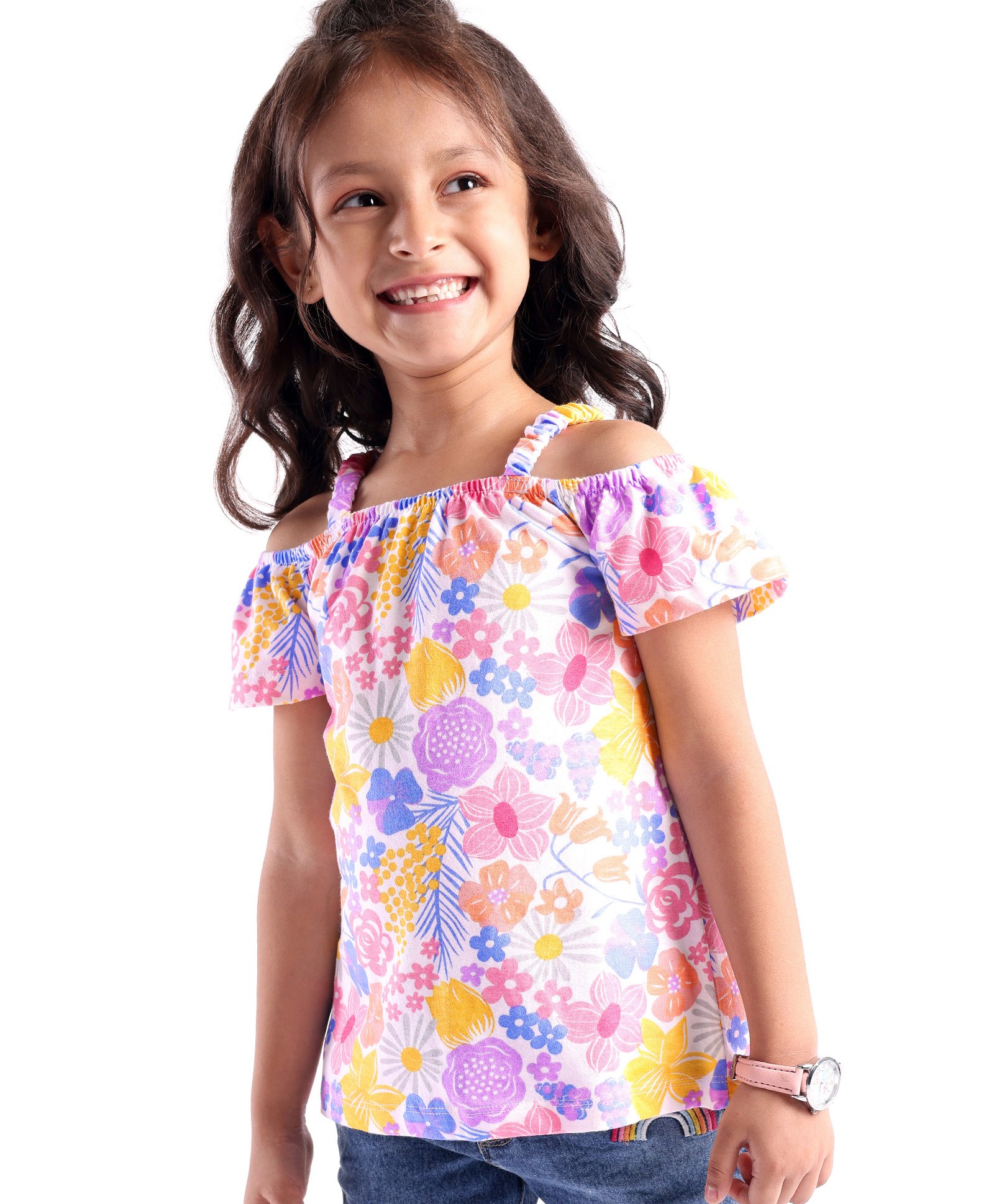 Babyhug 100% Cotton Knit Off Shoulder Half Sleeves Top with Floral Graphics & Frill Detailing - Pink-image-10