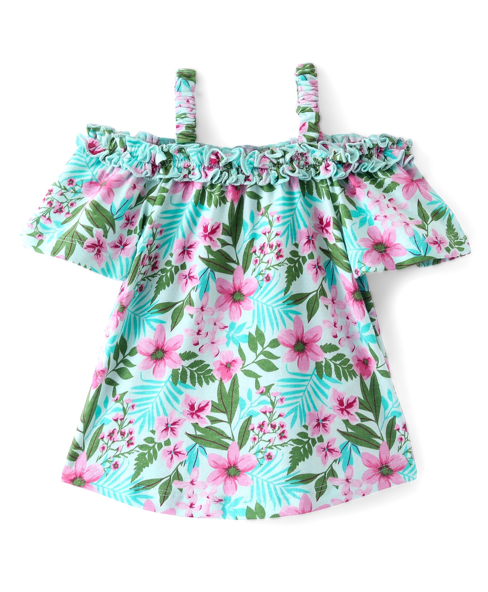 Babyhug 100% Cotton Knit Off Shoulder Half Sleeves Top with Floral Graphics & Frill Detailing - Green-image-11