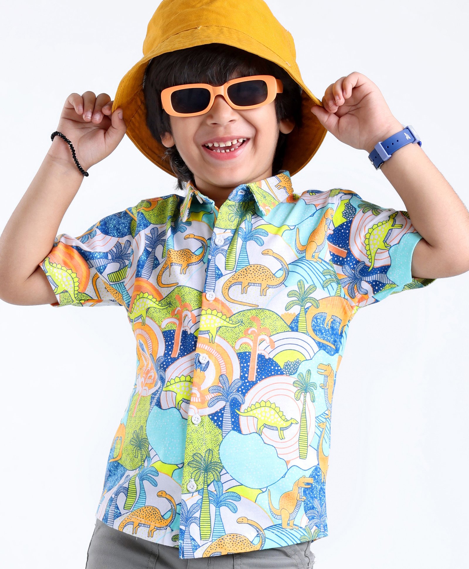 Babyhug Cotton Knit Half Sleeves Regular Collar Shirt Dino Printed - White Blue & Green-picture-13