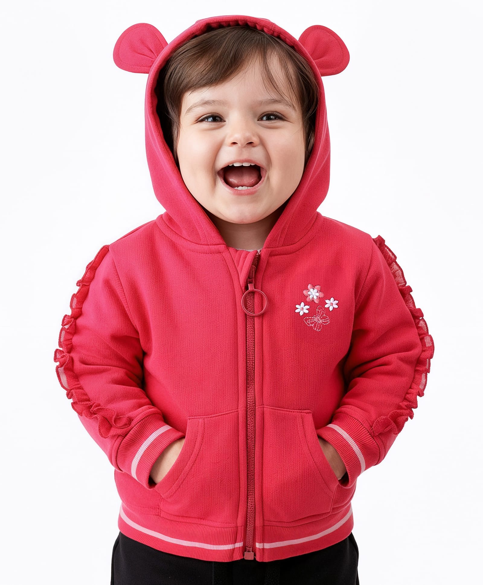 Babyoye Eco Conscious 100% Cotton Full Sleeves Floral Embroidery Hooded Sweat Jacket with Ear Applique - Dark Pink-picture-14
