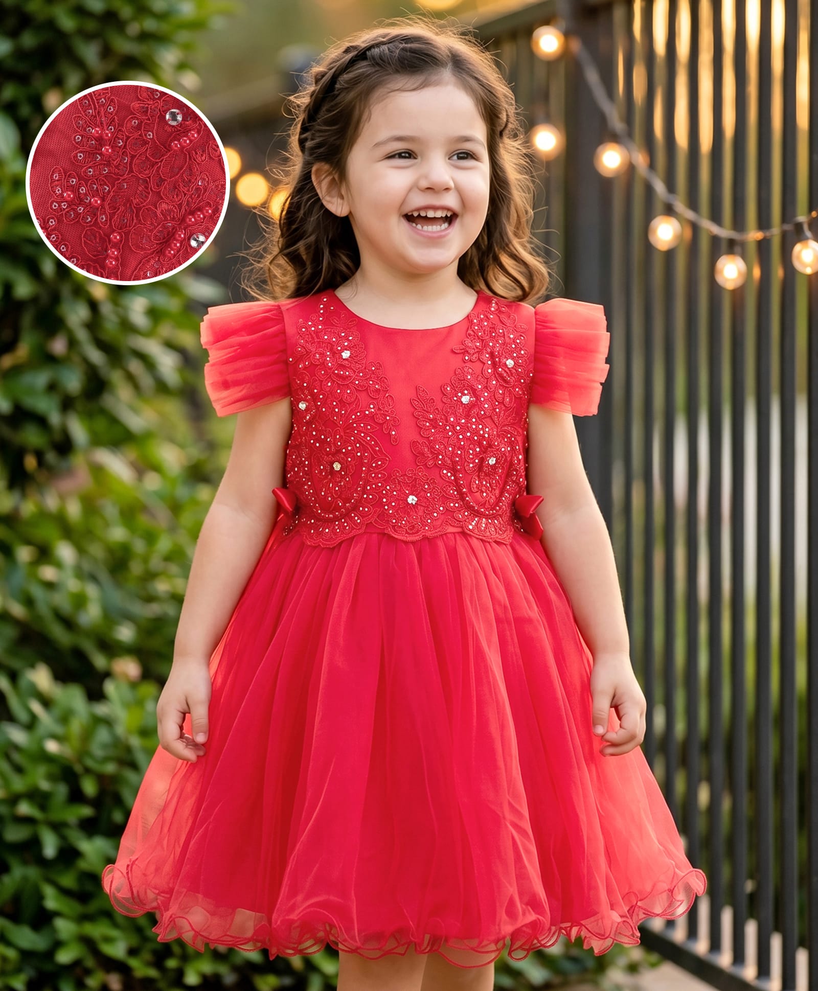 Mark & Mia Frill Sleeves Knee Length Party Dress with Floral Embroidery & Pearl Detailing - Red-image-23