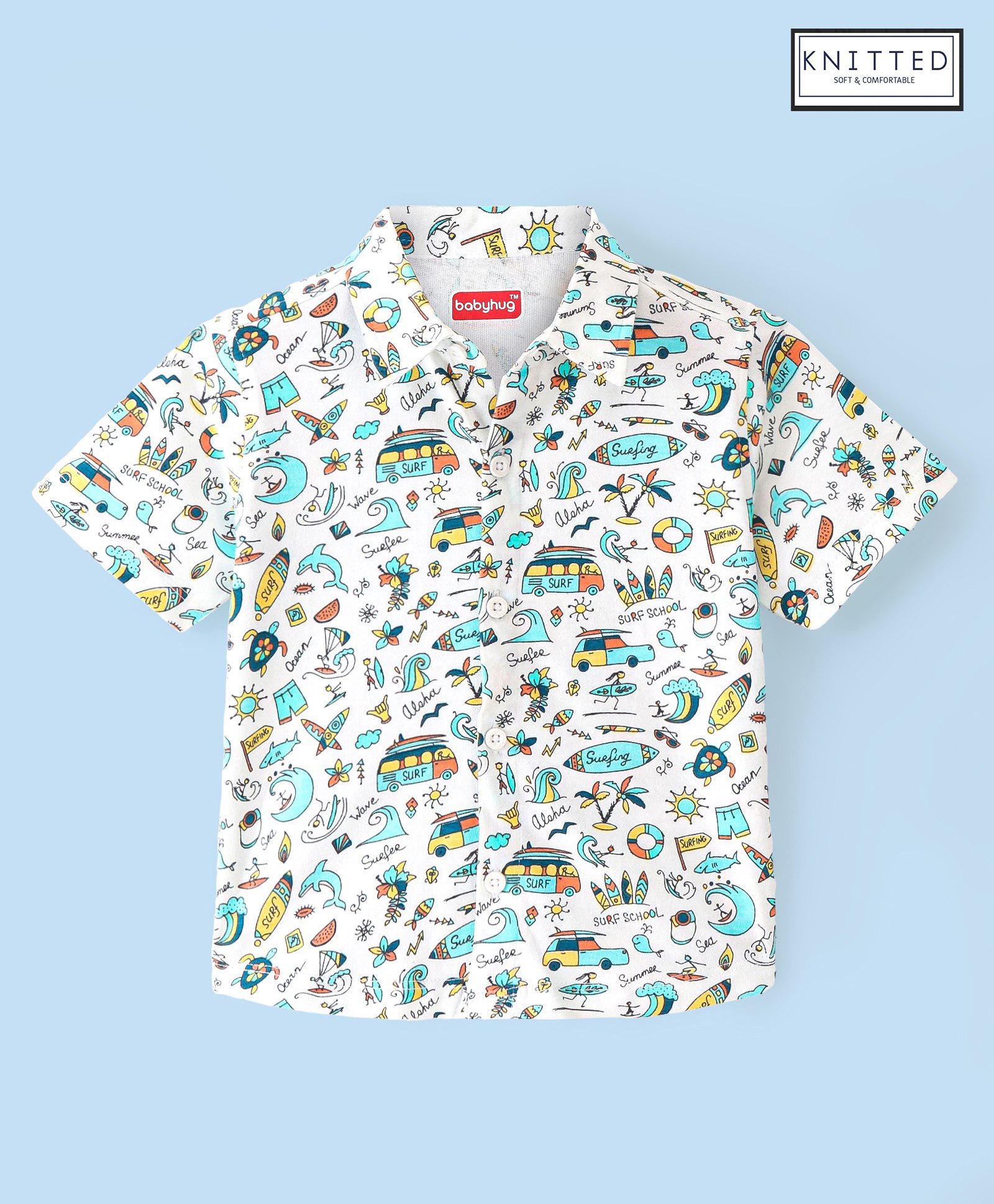Babyhug 100% Cotton Knit Half Sleeve Shirt With Beach Theme Print - White & Blue-picture-11