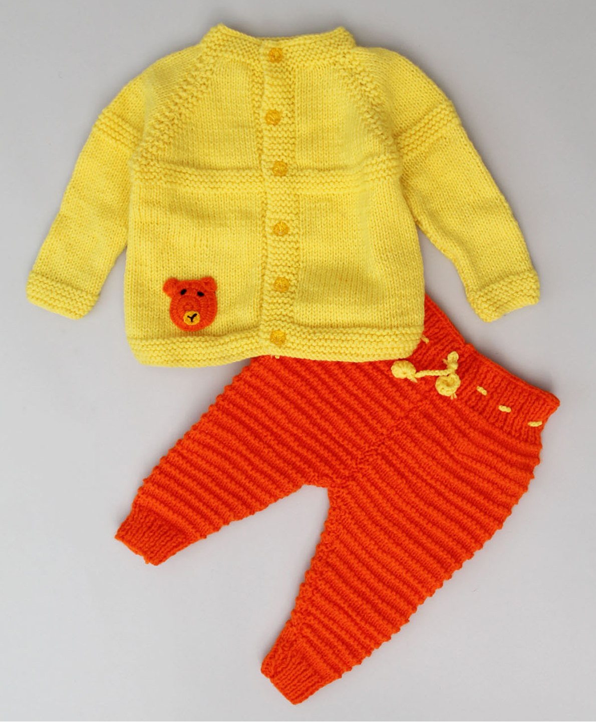 Woonie Full Sleeves Bear Face Applique Detailed & Striped Designed Hand Knitted Sweater & Pant Set - Yellow-image-7