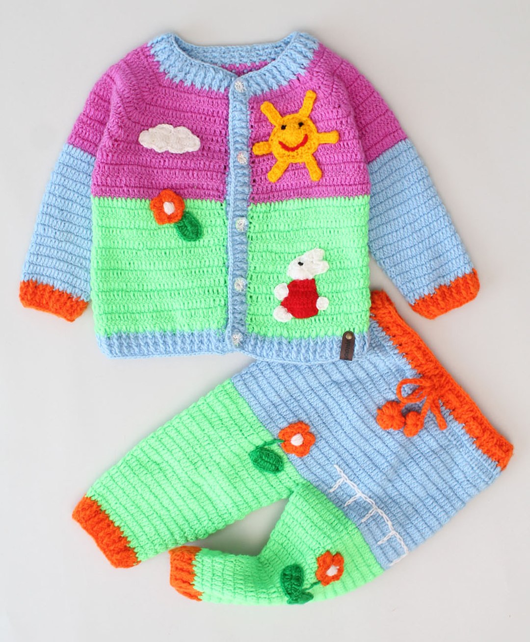 Woonie Full Sleeves Winter Theme Crochet Designed Colour Blocked Sweater & Pant Set - Multi Colour-image-21
