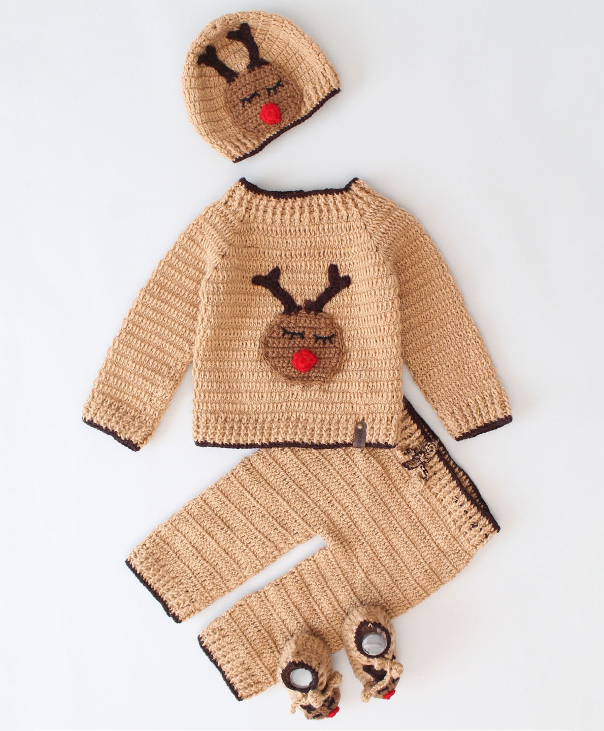 Woonie Full Sleeves Reindeer Face Detailed Coordinating  Sweater & Pant Set With Cap & Booties  - Beige-picture-14