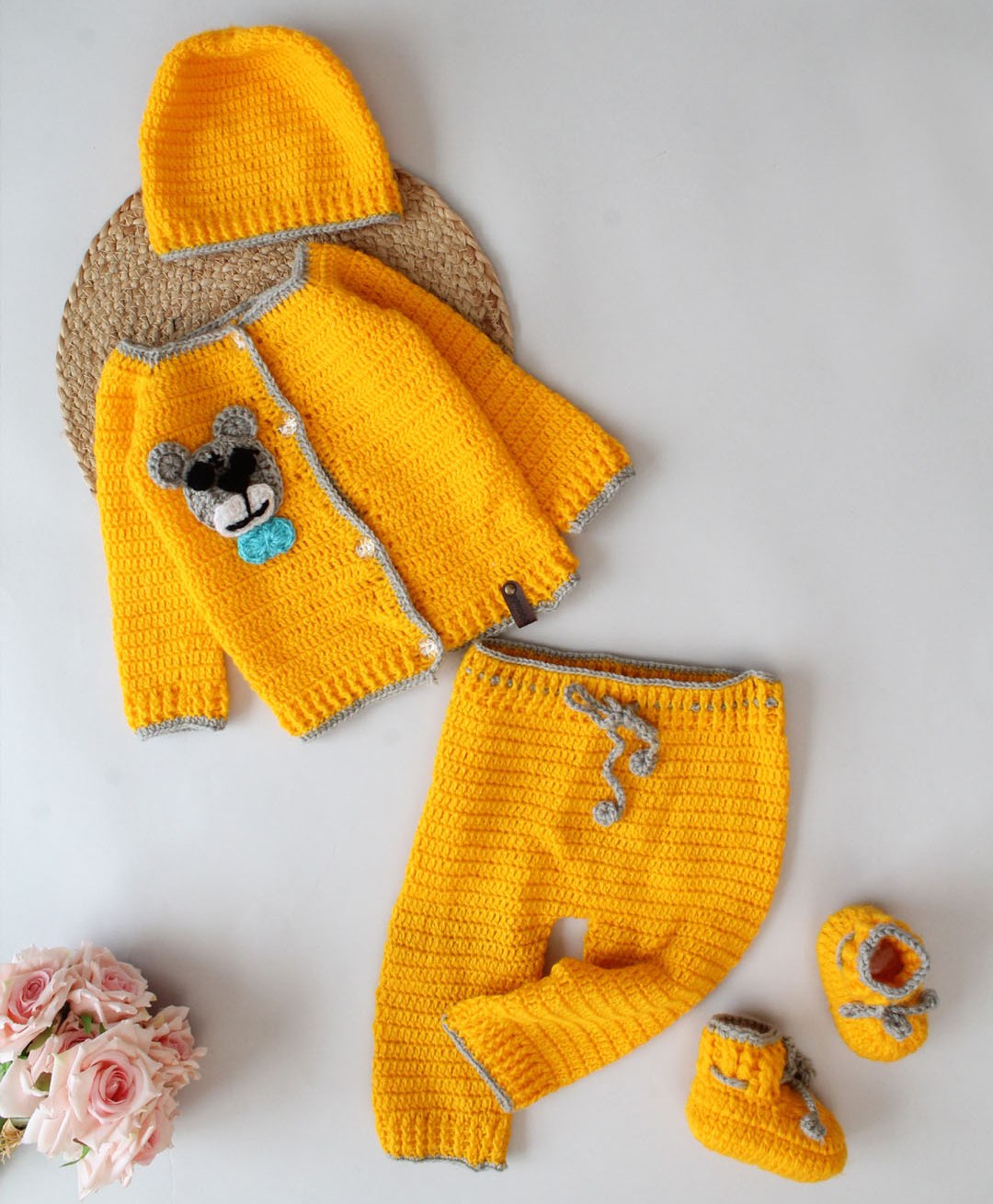 Woonie Full Sleeves Animal Embroidered Sweater & Pant Set - Yellow-image-3