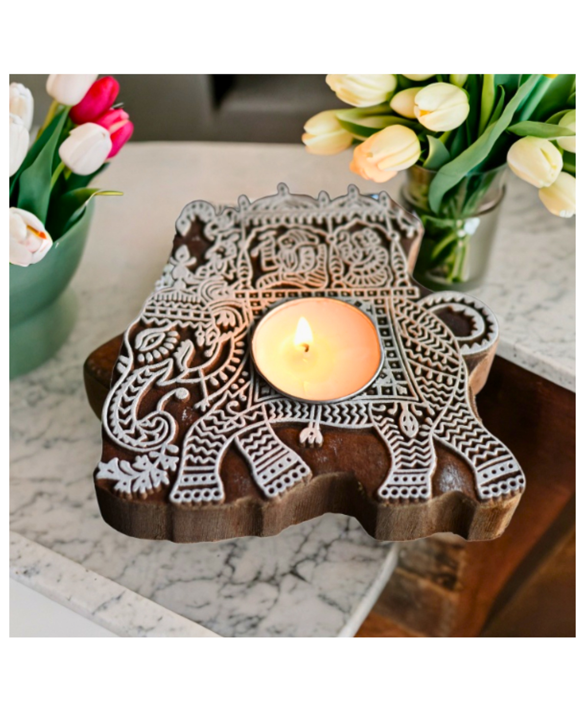 Aesthetic Living Airavat Wooden T- Light Holder with a pack of 6 soywax t light candles 350 g-image-1