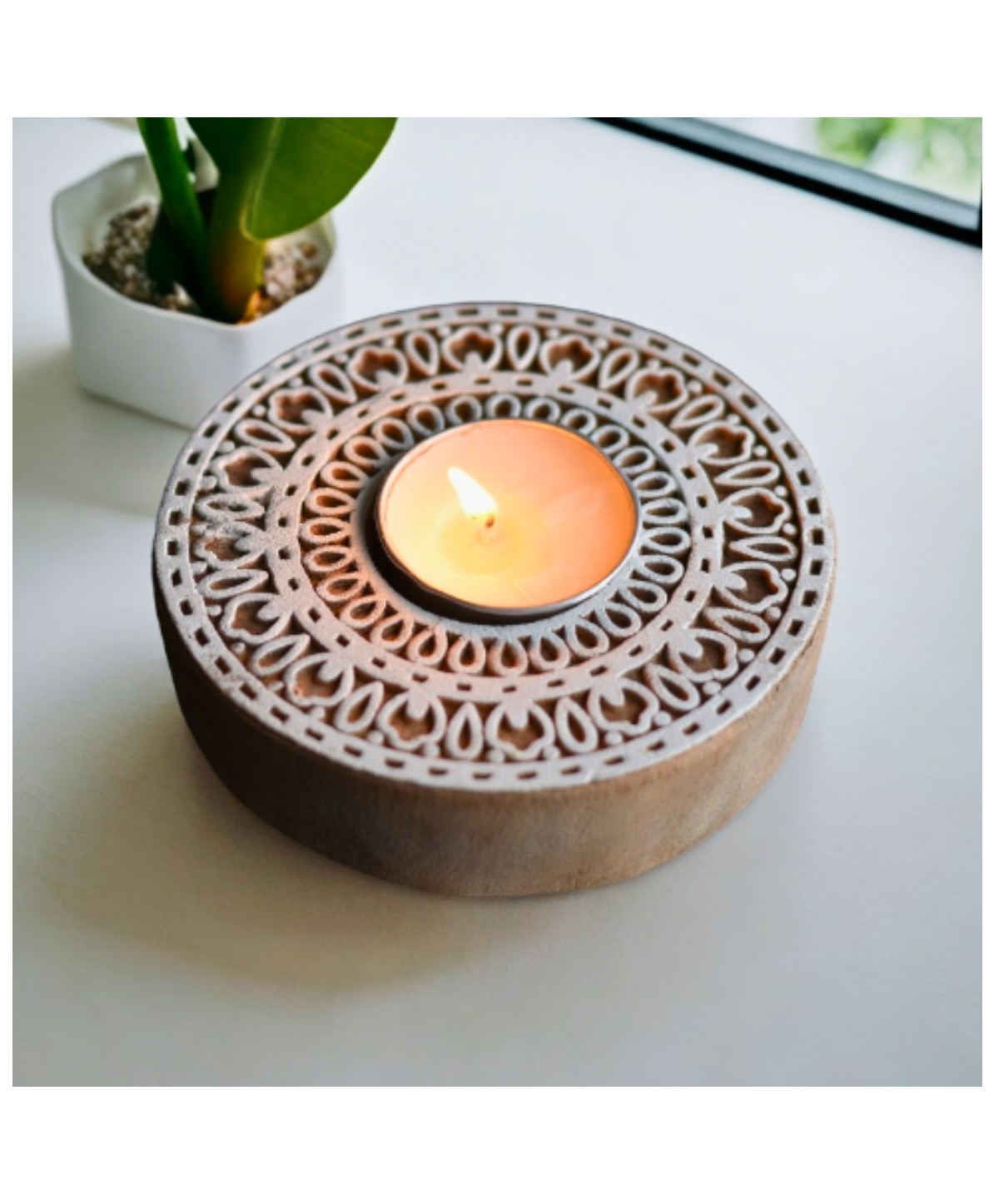 Aesthetic Living Rangoli Wooden T- Light Holder with a pack of 6 soywax t light candles 350 g-picture-39