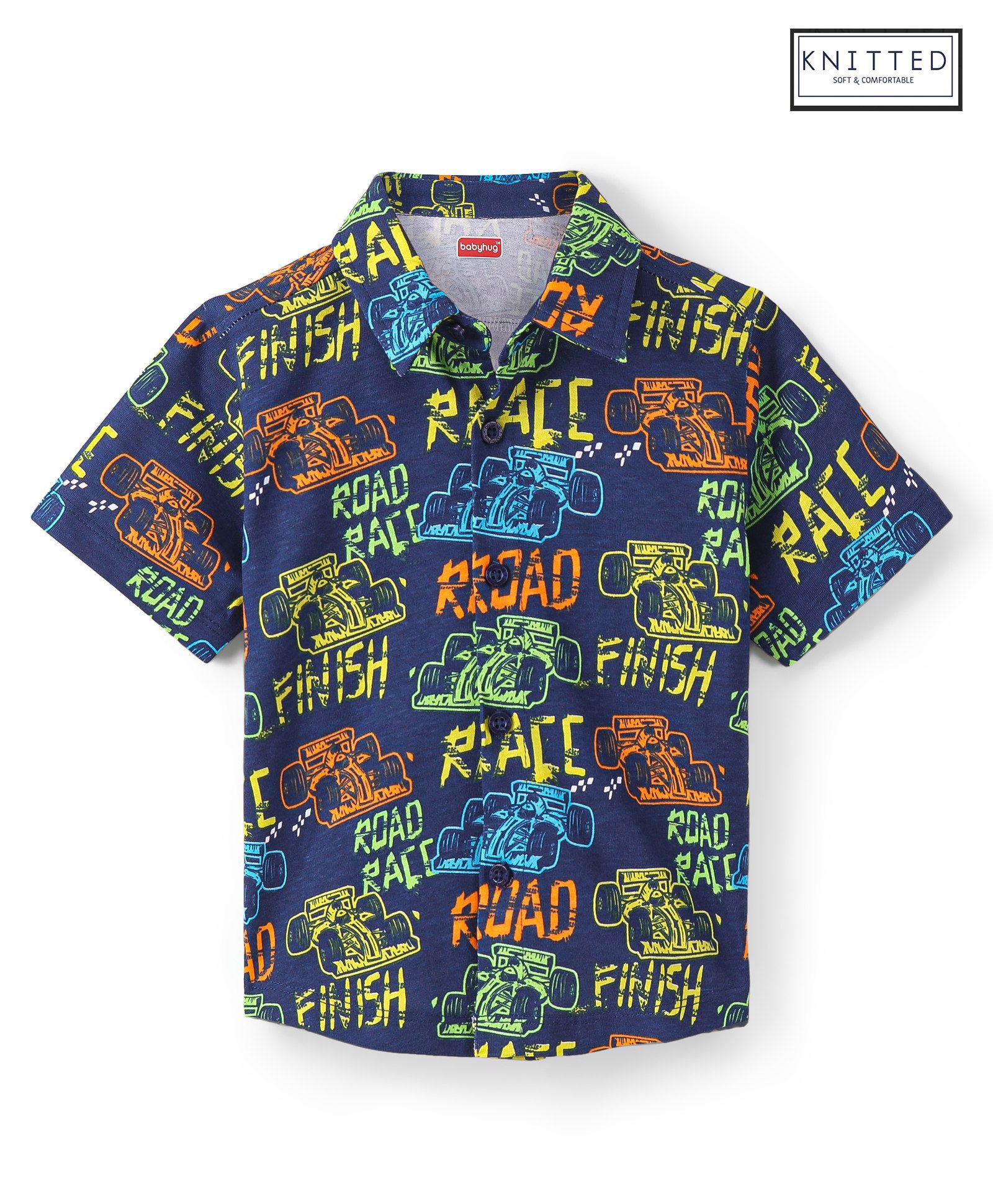 Babyhug Cotton Knit Half Sleeves Regular Collar Shirt Race Car Printed - Navy Blue-picture-26