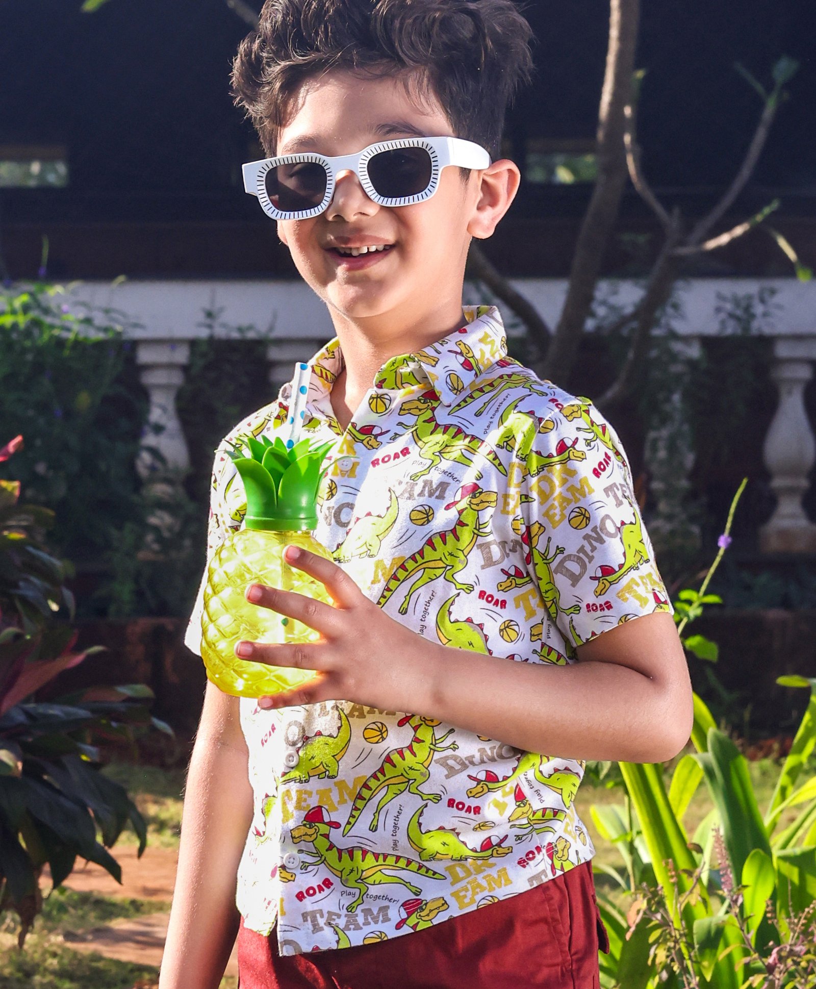 Babyhug Cotton Knit Half Sleeves Regular Collar Shirt Dino Printed - White & Green-image-23