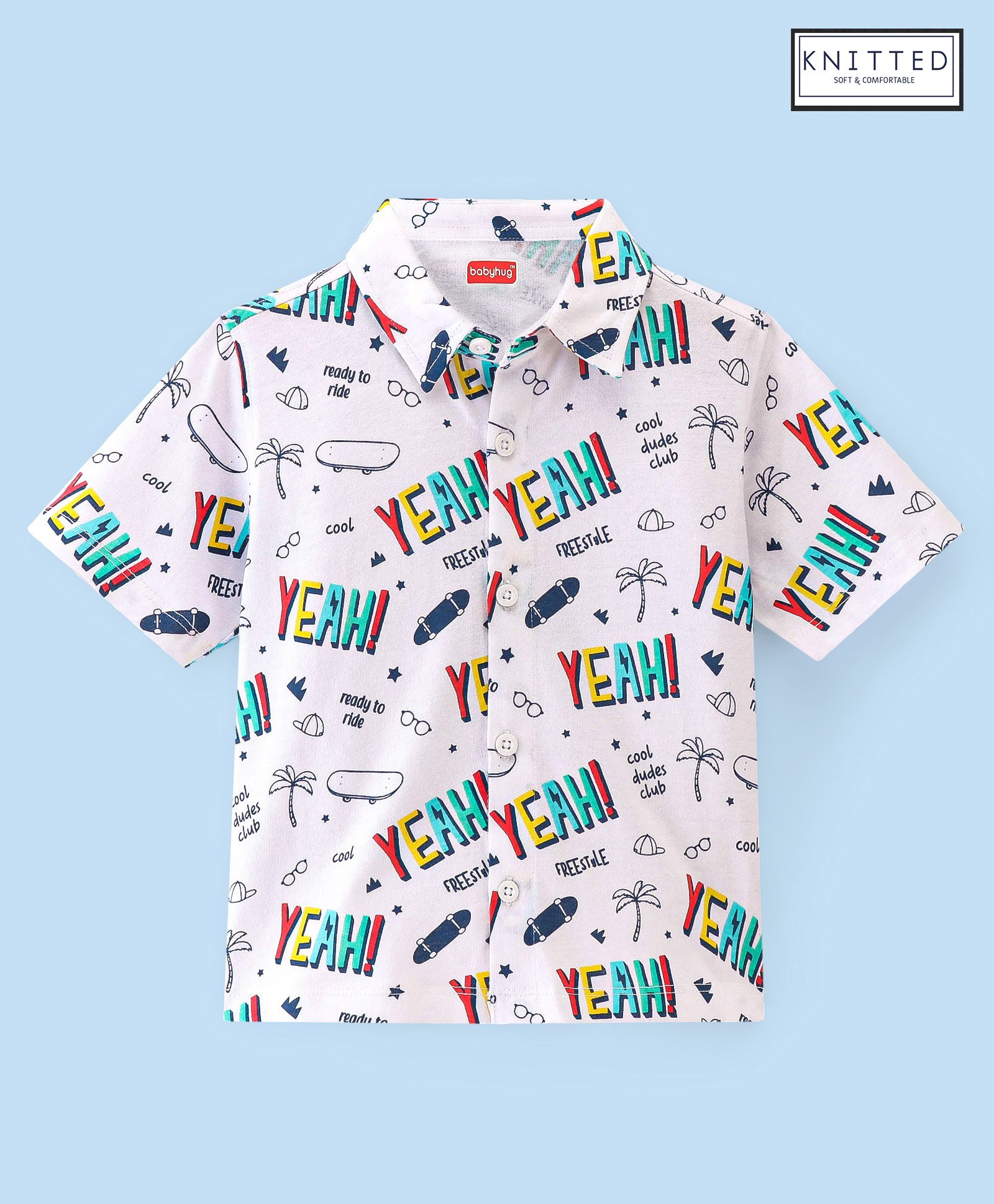Babyhug Cotton Knit Half Sleeves Text & Skateboard Printed Shirt - White-image-18