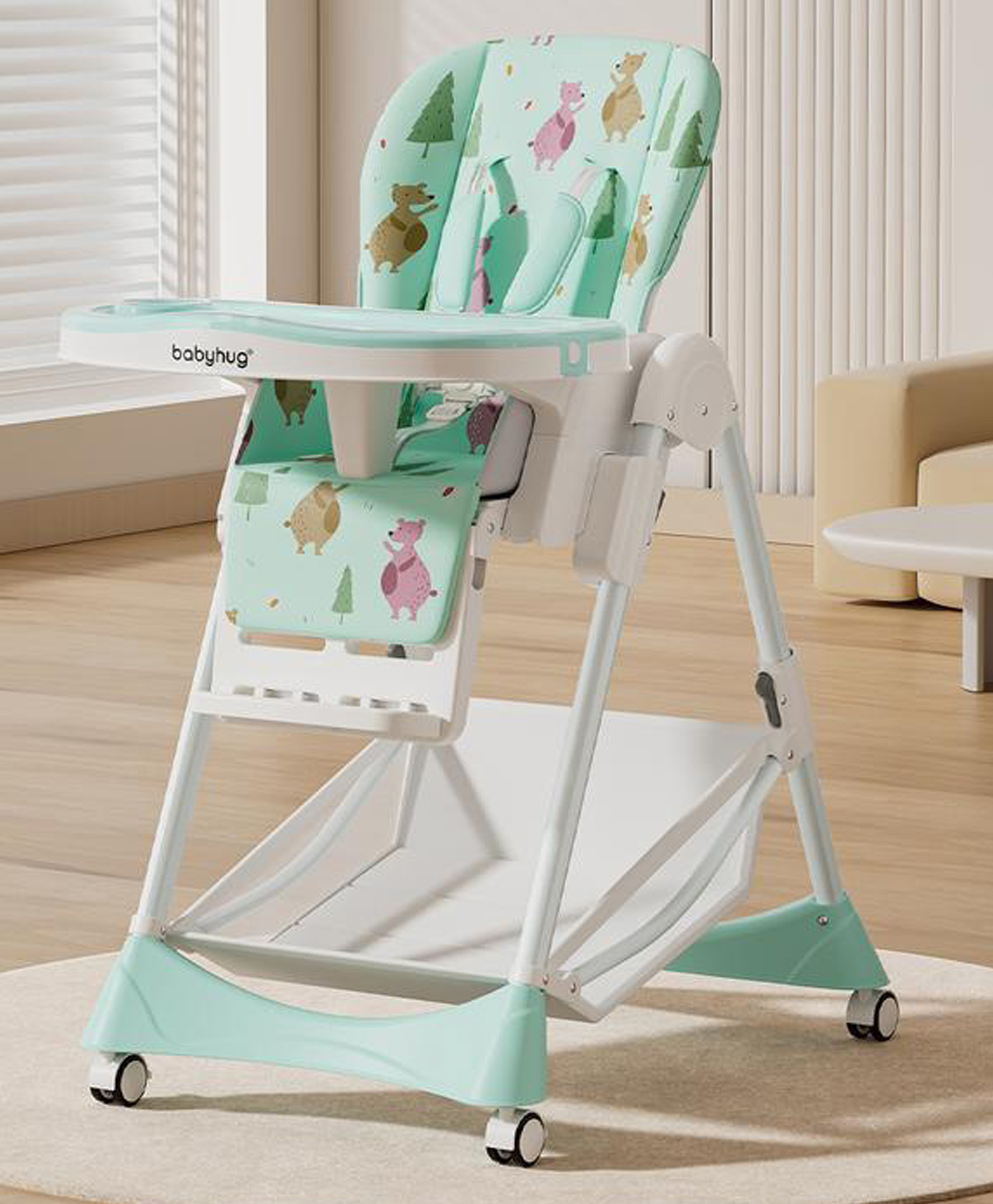 Babyhug High Chair with 7 Level Height Adjustment & Removable Cushion Seat- Sea Green| Reclining Seat| Compact Fold| Lockable Wheels| Removable Double Food Tray| Adjustable Foot-rest| Storage Basket-image-33