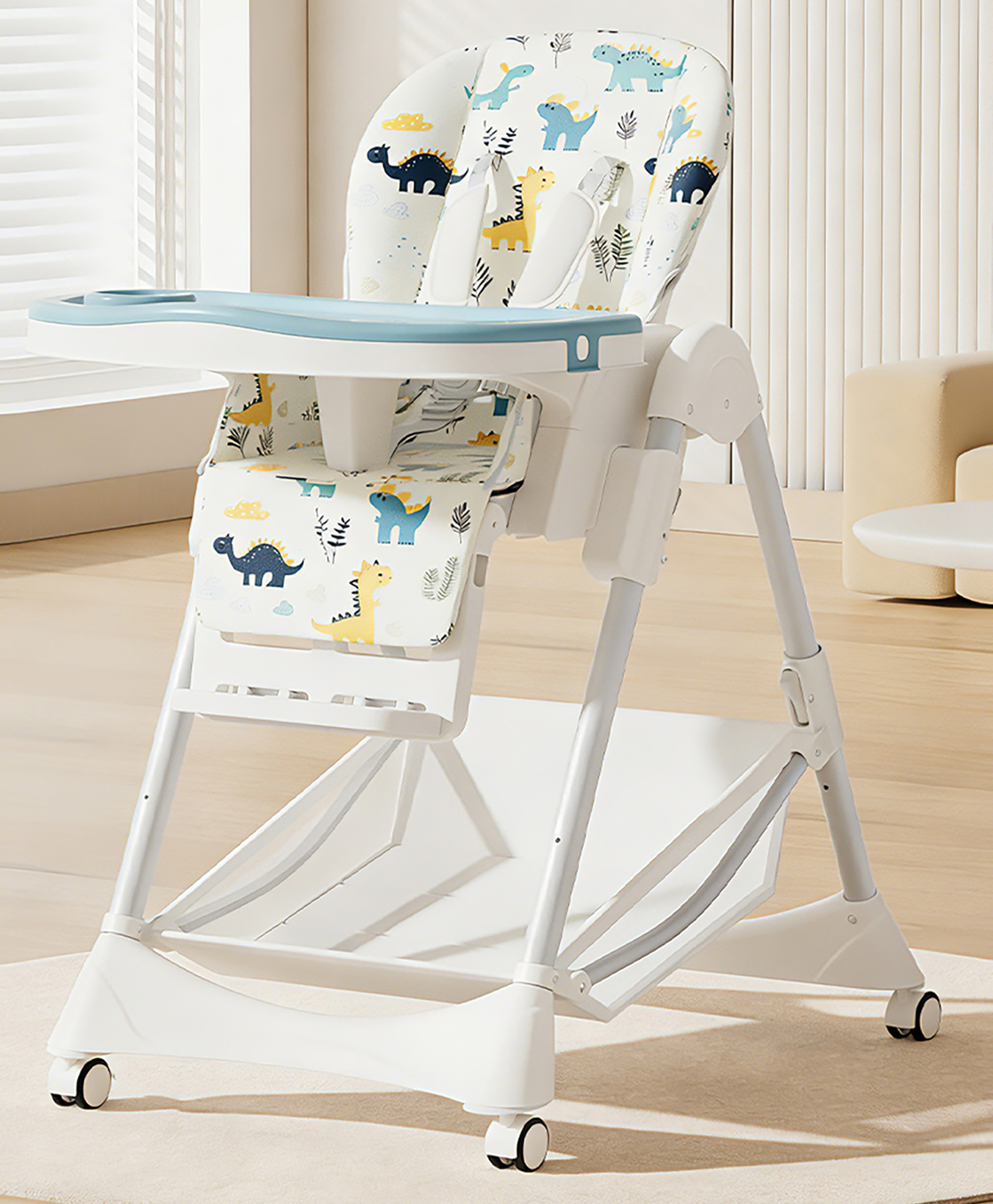 Babyhug Highchair with 7 Level Height Adjustment & Removable Cushion Seat - Blue| Reclining Seat| Compact Fold| Lockable Wheels| Removable Double Food Tray| Adjustable Footrest| Storage Basket-image-20