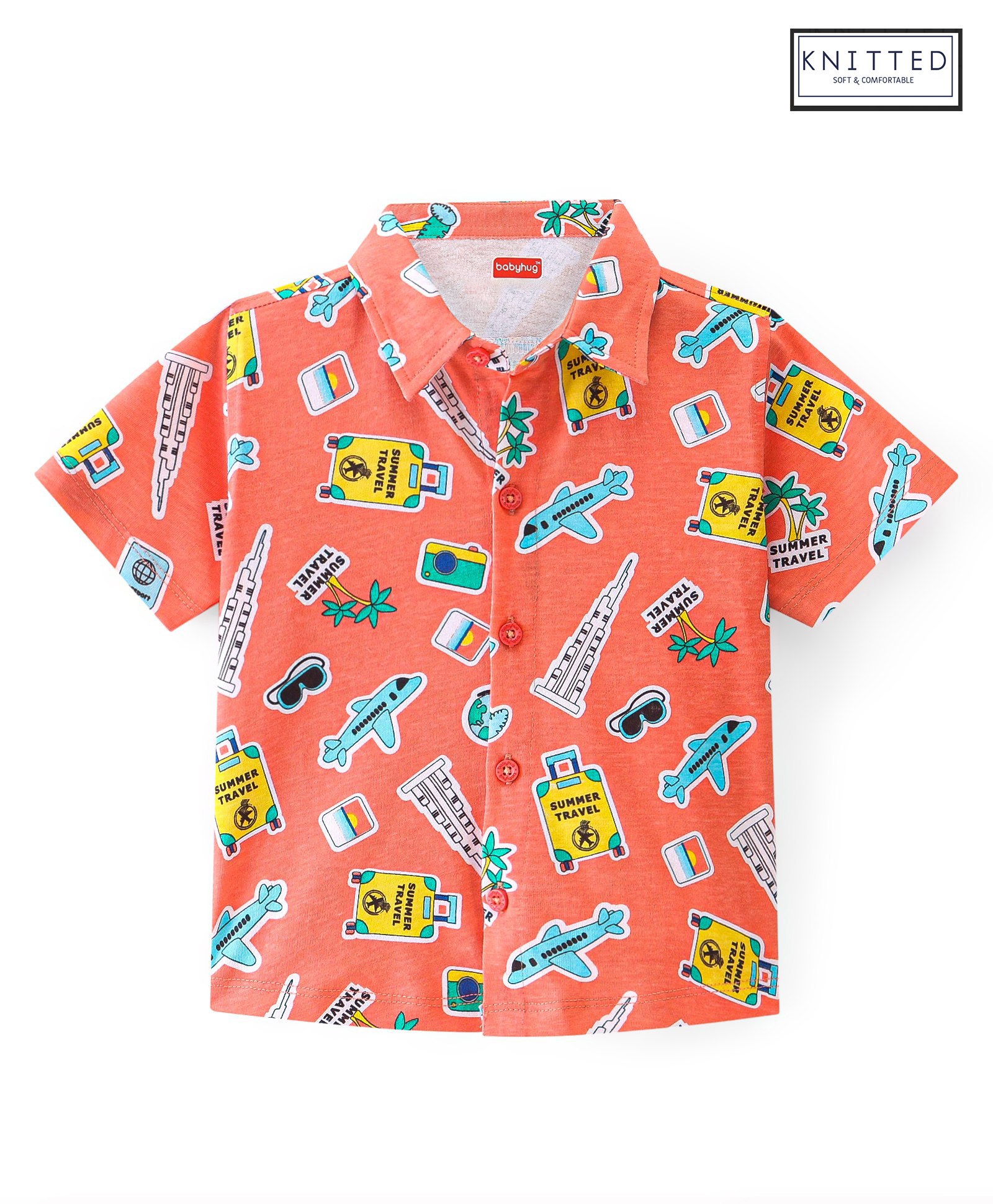 Babyhug 100% Cotton Knit Half Sleeve Shirt With Travel Theme Print - Peach-picture-26