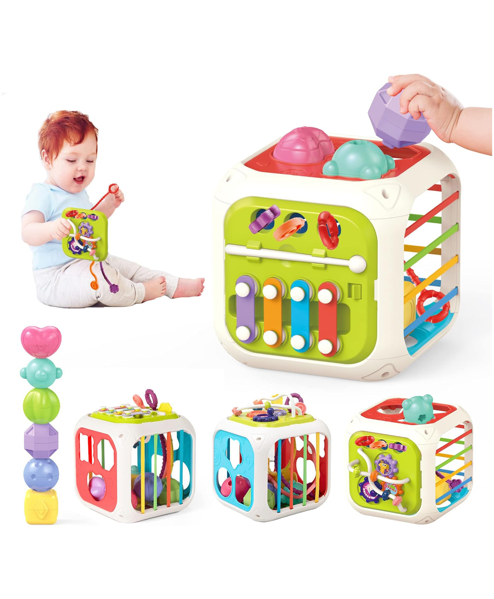 YAMAMA Multi-purpose 7 In 1 Activity Cube Educational Shape Sorter Toy With Pull String Xylophone Sensory Rattle Block Montessori Toys For Babies And KidsMulticolor-image-33
