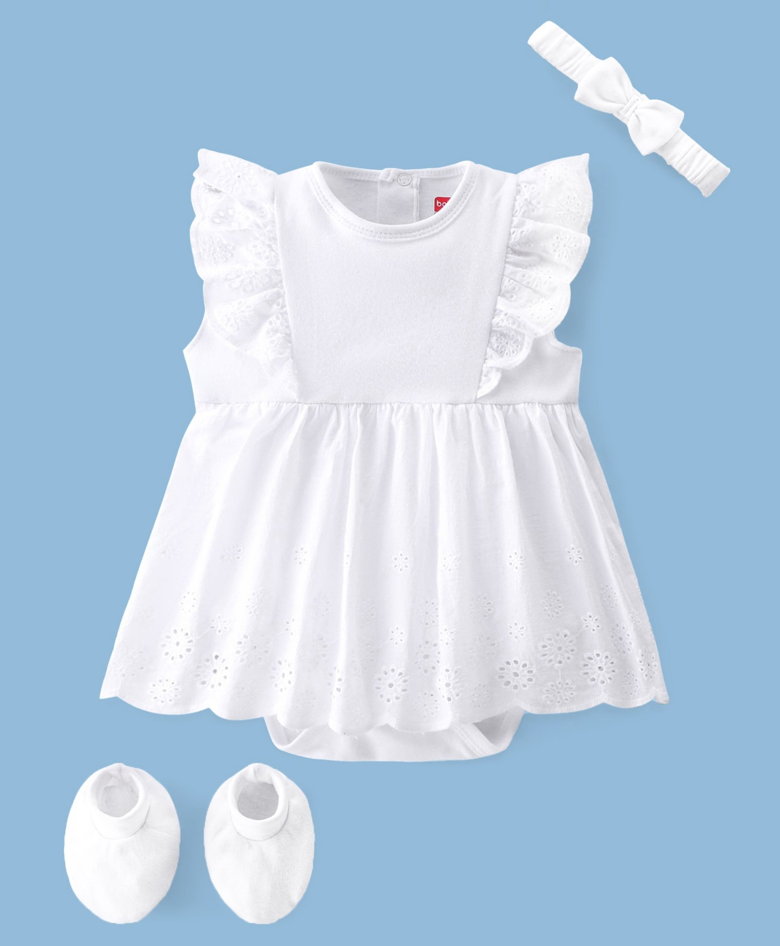 Babyhug 100% Cotton Interlock Knit Sleeveless Solid Color Onesies with Hair Band & Booties - White-image-29