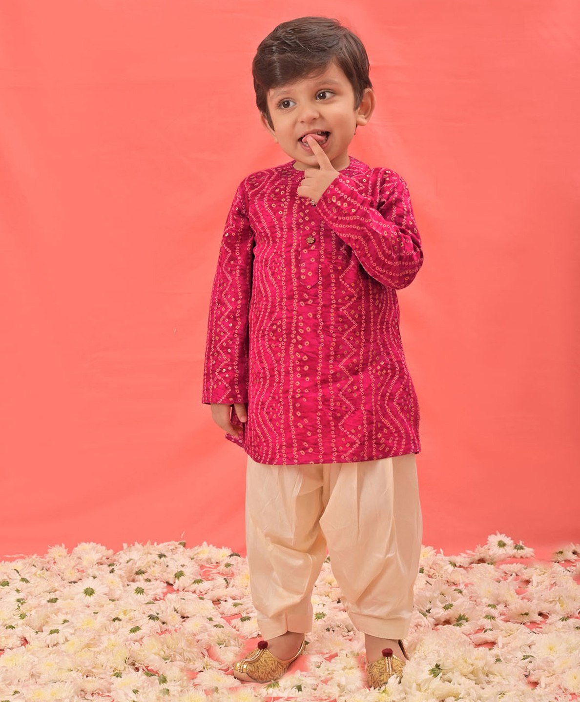 Vastramay Full Sleeves Seamless Bandhej Designed Kurta With Patiala - Red & Cream-image-33
