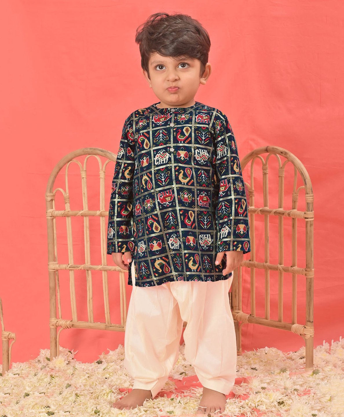 Vastramay Full Sleeves Seamless Elephant & Peacock Patola Designed Kurta With Patiala - Blue & Cream-picture-17