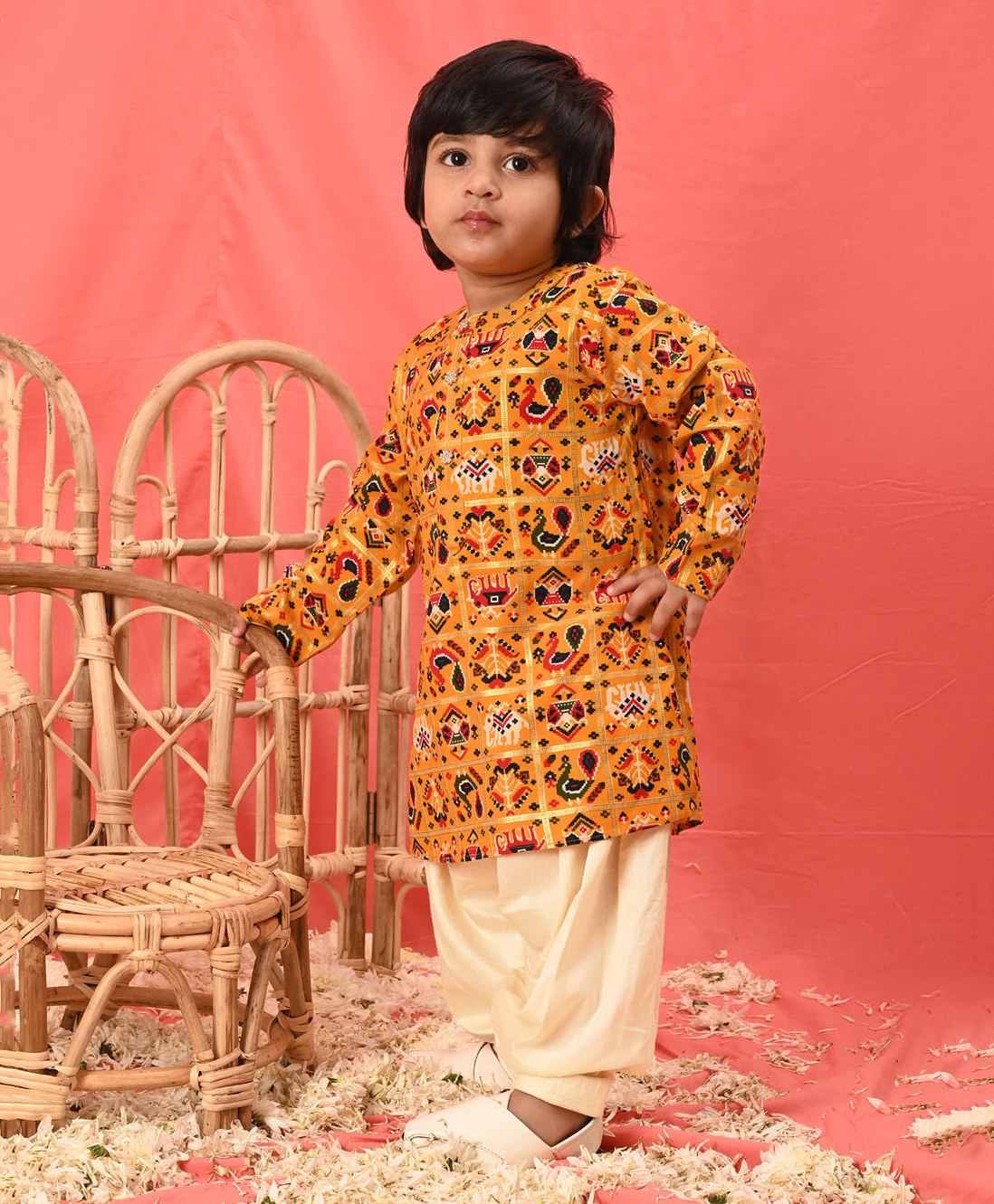 Vastramay Full Sleeves Seamless Elephant & Peacock Patola Designed Kurta With Patiala - Yellow & Cream-image-34