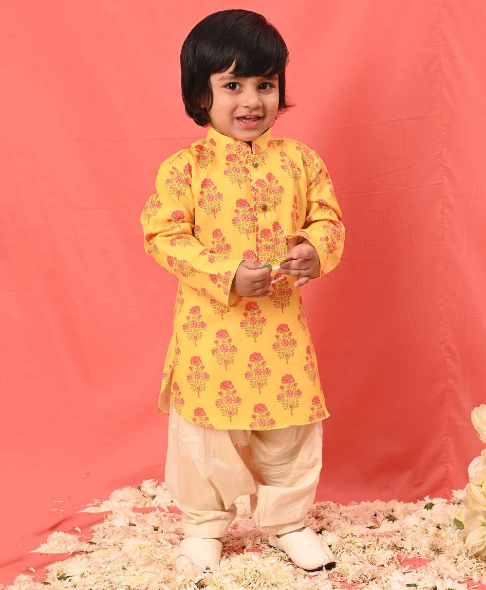 VASTRAMAY SISHU Full Sleeves Jaipuri Flower Motif Printed Kurta With Patiala - Mustard Yellow & Cream-picture-20
