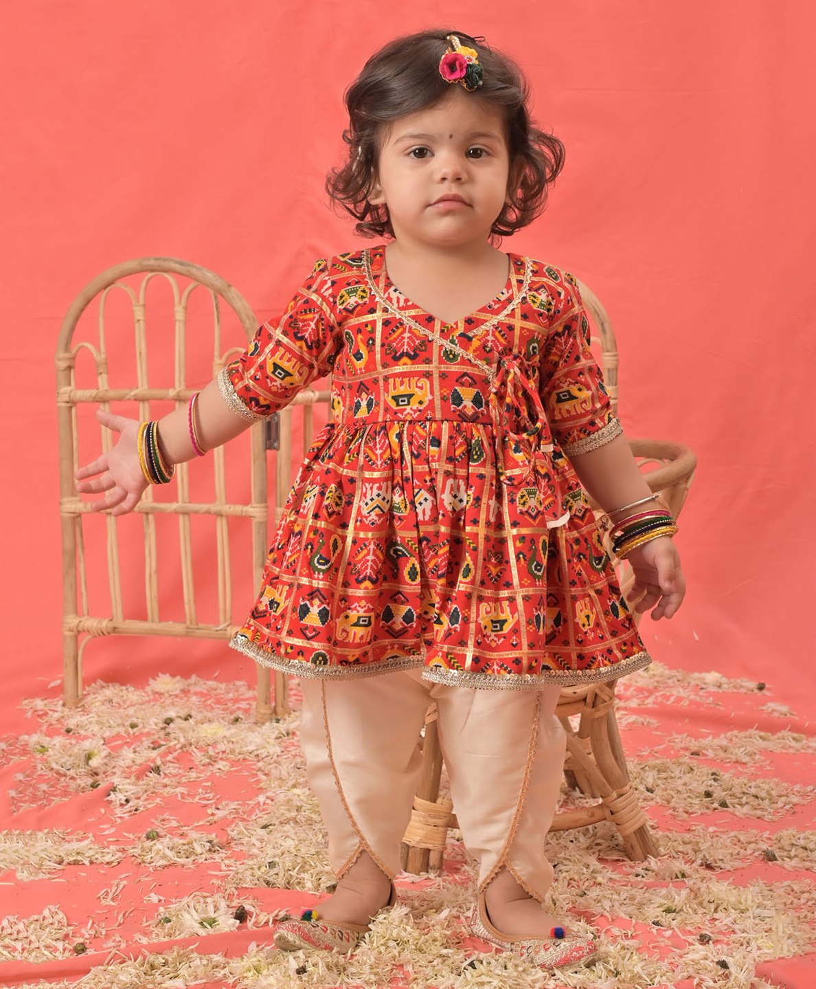 Vastramay Three Fourth Sleeves Patola Printed & Gota Lace Embellished Kurta With Dhoti Pant -  Red-image-27