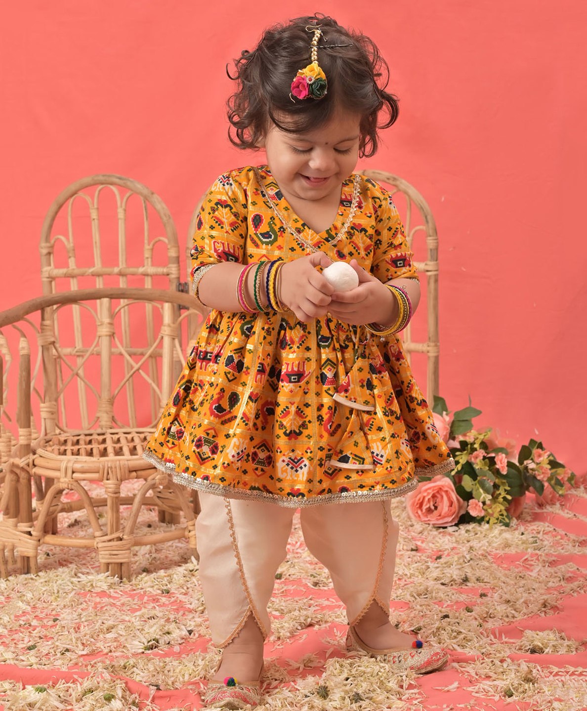 Vastramay Three Fourth Sleeves Patola Printed & Gota Lace Embellished Kurta With Dhoti Pant -  Yellow-image-45