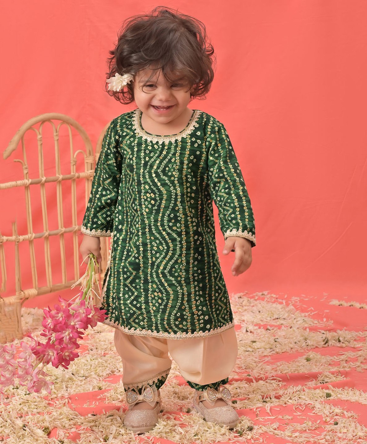 Vastramay Full Sleeves Bandhej Printed & Gota Lace Embellished Kurta With Pyjama - Green-image-0
