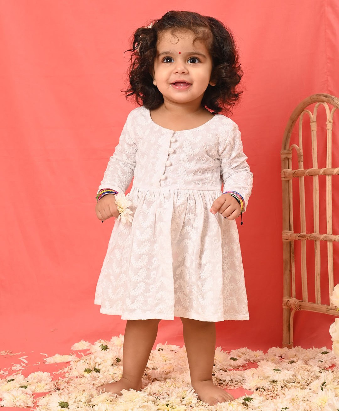 Vastramay Full Sleeves Paisley Chikankari Embroidered Fit & Flare Ethnic Dress - White-image-5