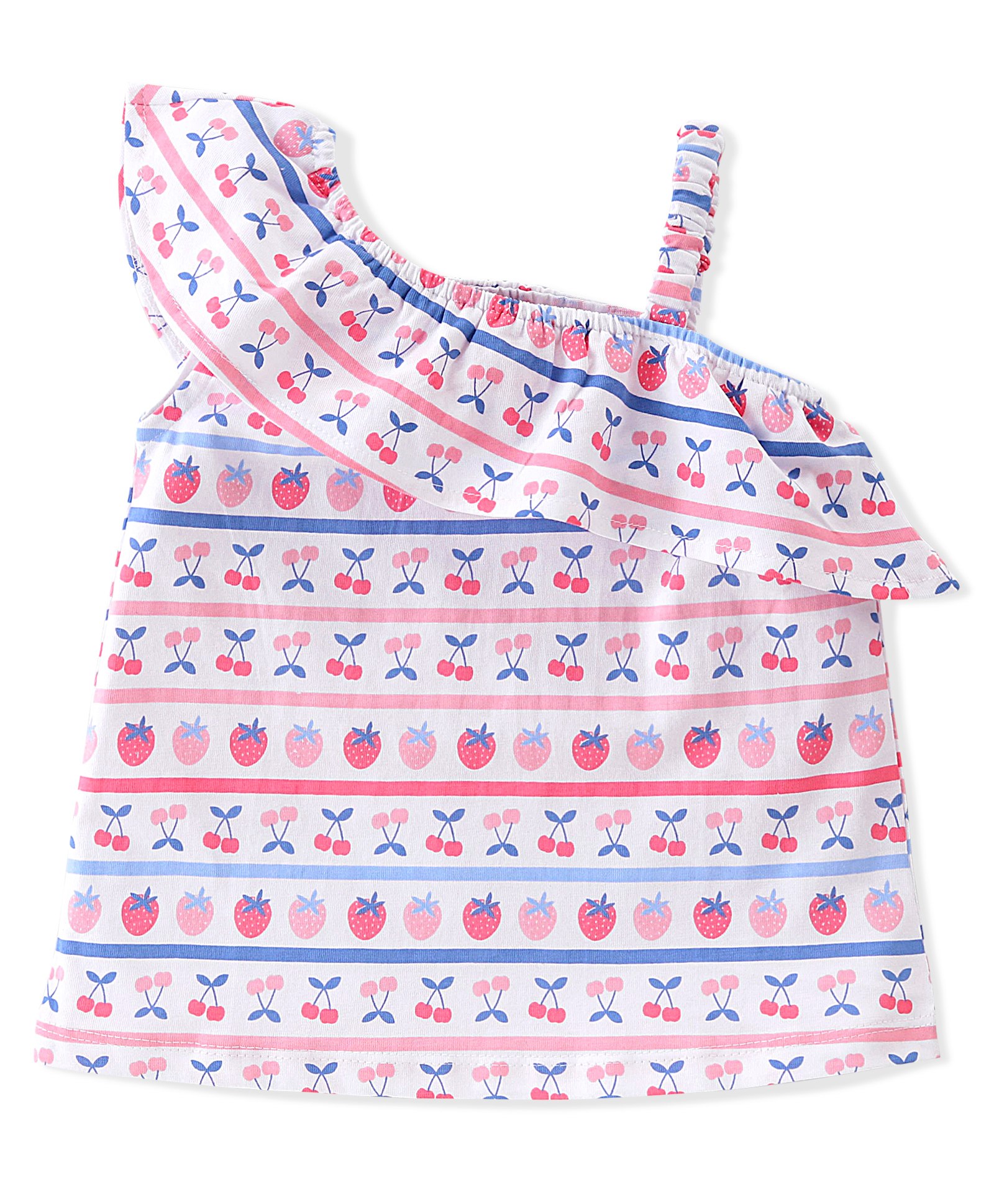 Babyhug 100% Cotton Knit Sleeveless Asymmetrical Top with Frill Detailing Cherry Print - White & Pink-image-32