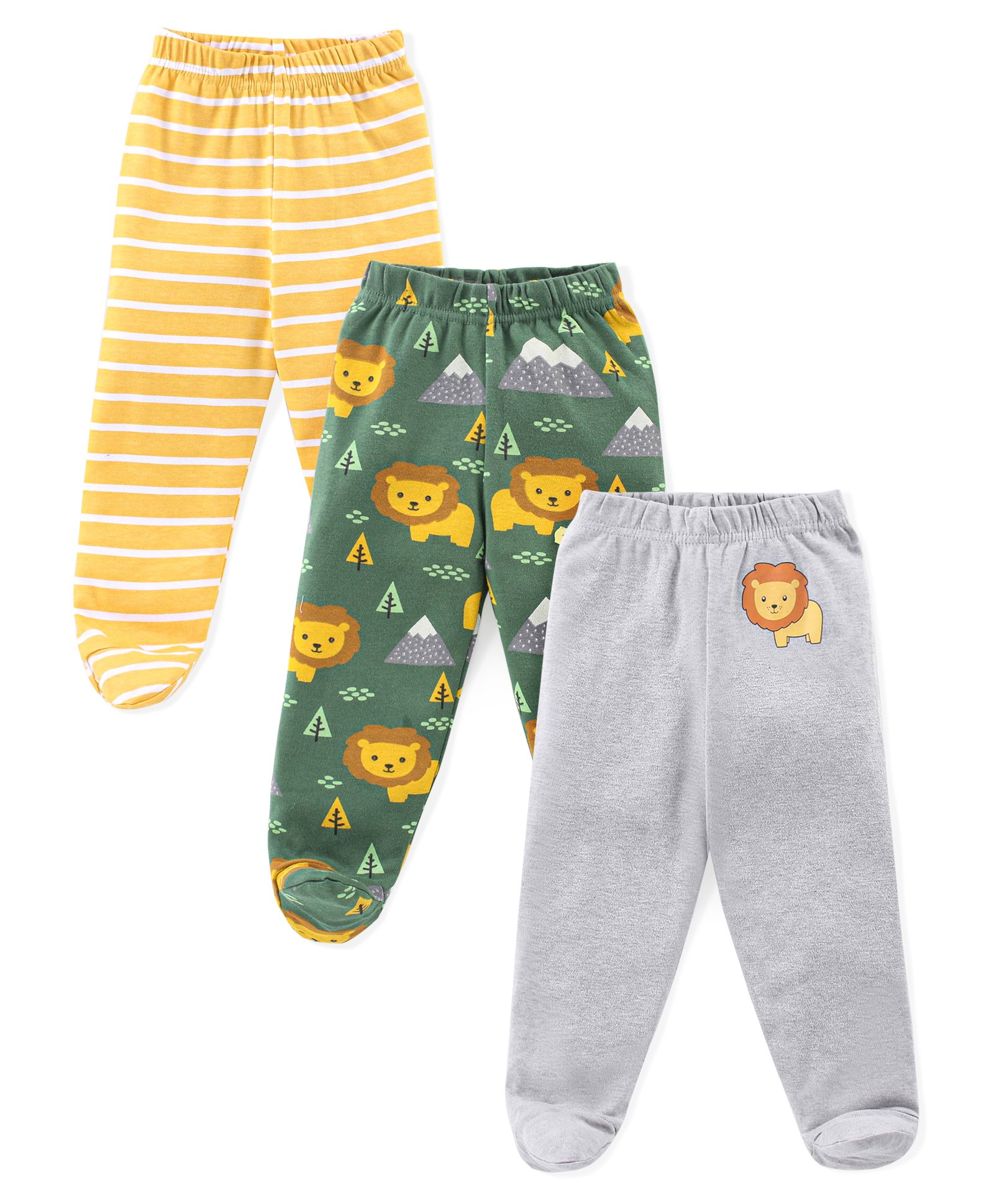Babyhug Cotton Interlock Knit Bootie Pant Stripes & Lion Print Pack of 3 - Multicolor-image-44