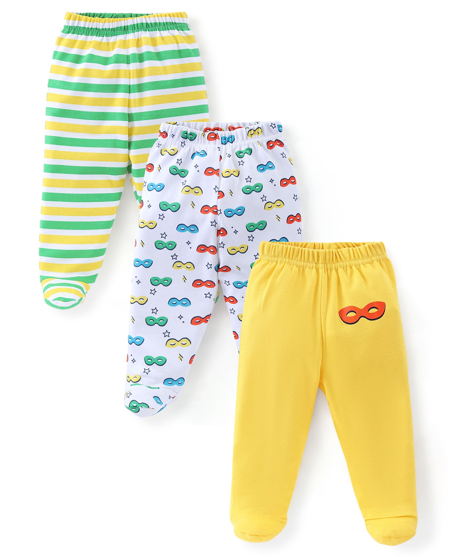 Babyhug Cotton Knit Footed Bootie Legging With Mask Print Pack of 3  - Green White & Yellow-image-45
