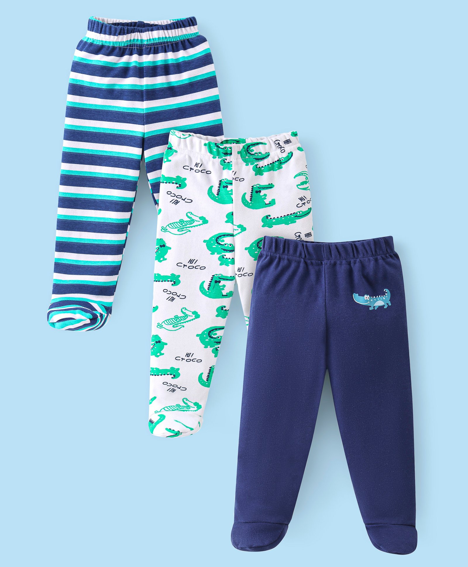 Babyhug Cotton Footed Bootie Leggings Striped & Crocodile Print Pack of 3 - White Blue & Green-image-38