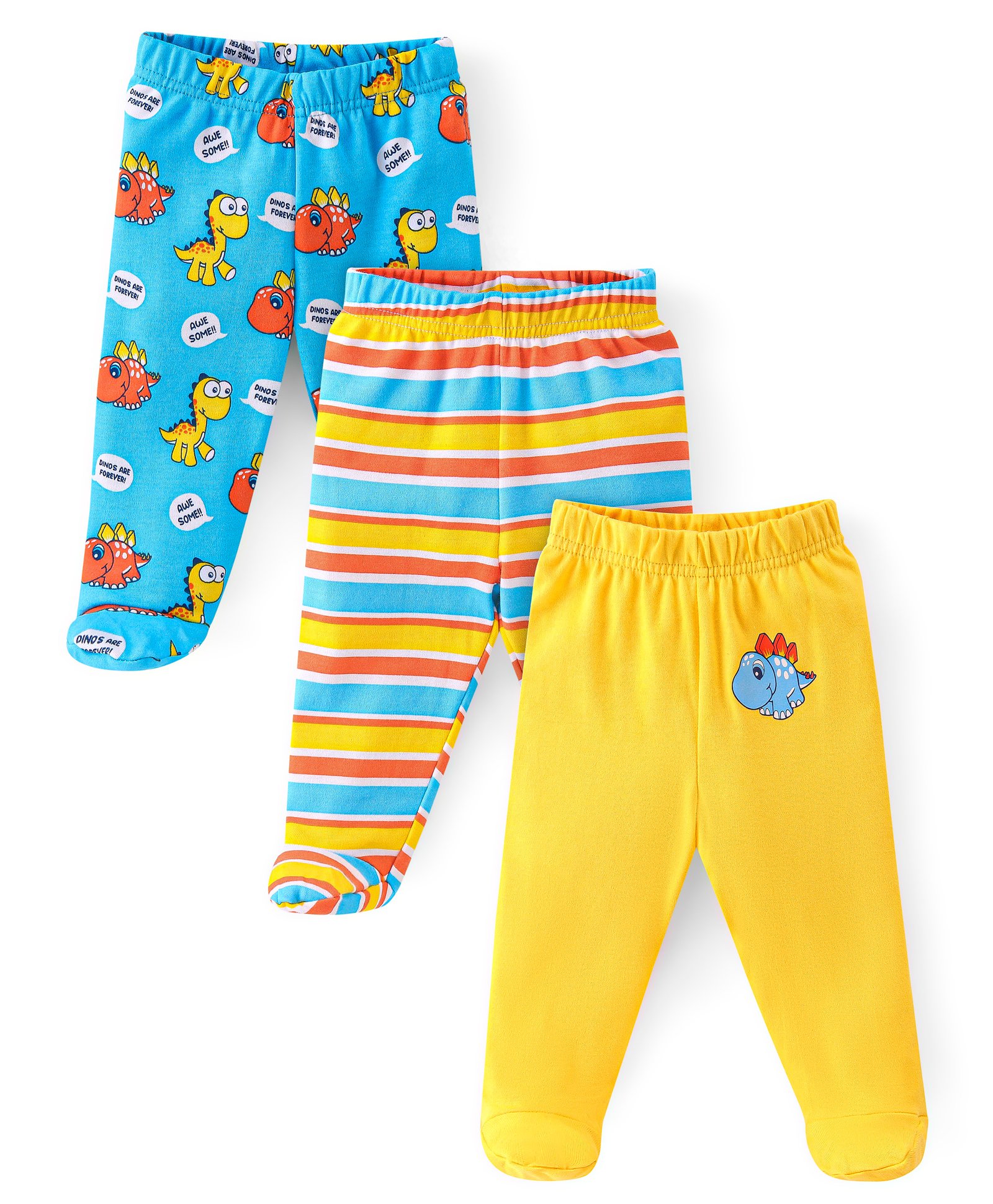 Babyhug Cotton Footed Bootie Leggings Striped & Dino Print Pack of 3 - White Blue & Yellow-image-32