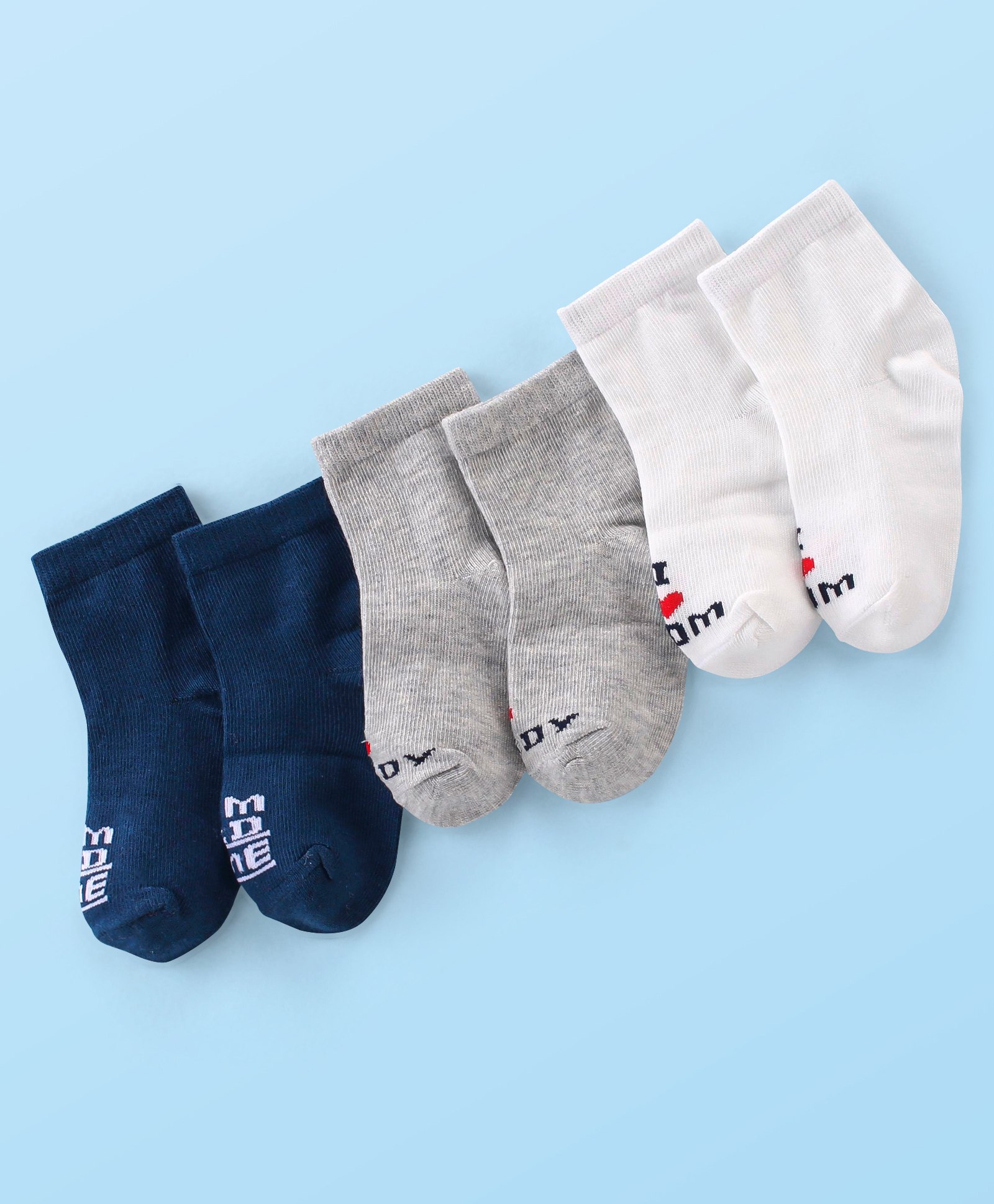Doodle Poodle Cotton Knit Ankle Length Socks Text Print Pack of 3 - White Grey & Navy Blue