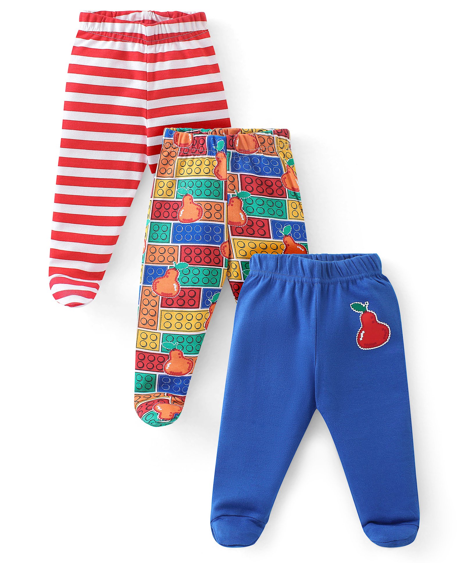 Babyhug Interlock Cotton Knit Striped Bootie Leggings Fruit Print Pack of 3 - Blue & Red-picture-21